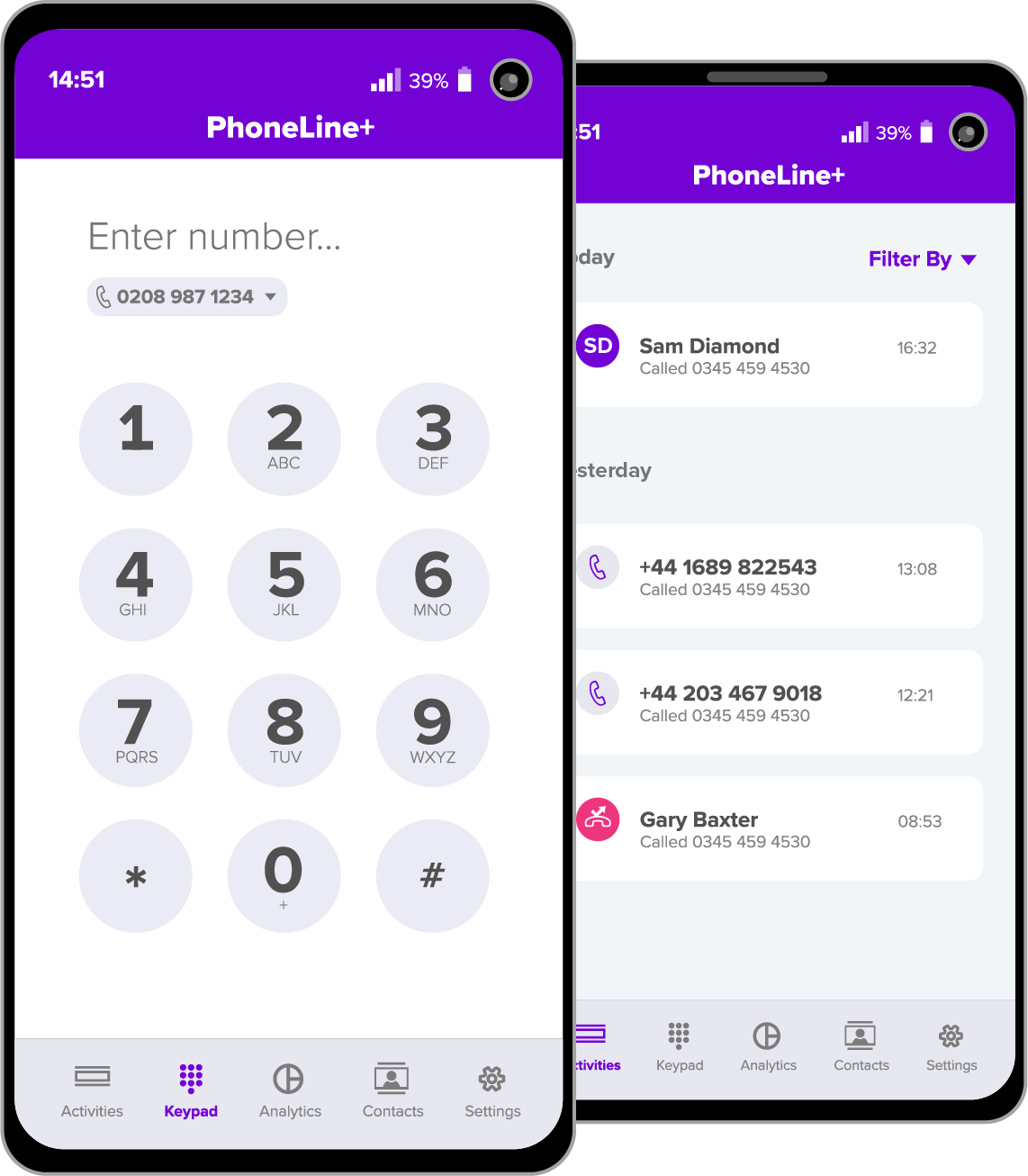 Two smartphones displaying PhoneLine+ app screens: the left phone shows a keypad with digits 0-9, *, and #, and a number entry field with the number 0208 987 1234; the right phone shows recent call activities including contacts Sam Diamond and Gary Baxter, with call times and phone numbers, and a filter option at the top.