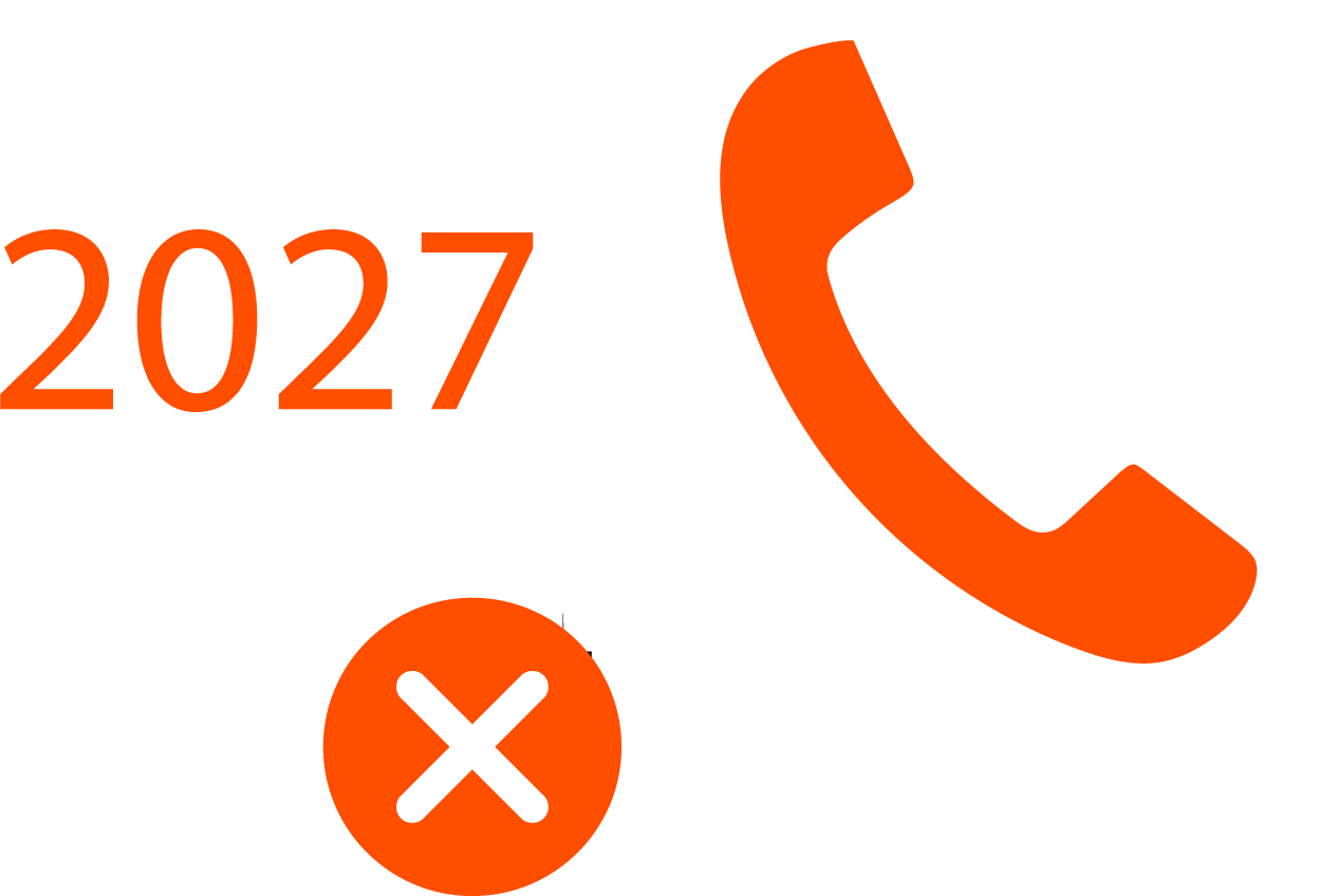 Orange telephone receiver icon with the number 2027 to its left and an orange circle containing a white X below the number.