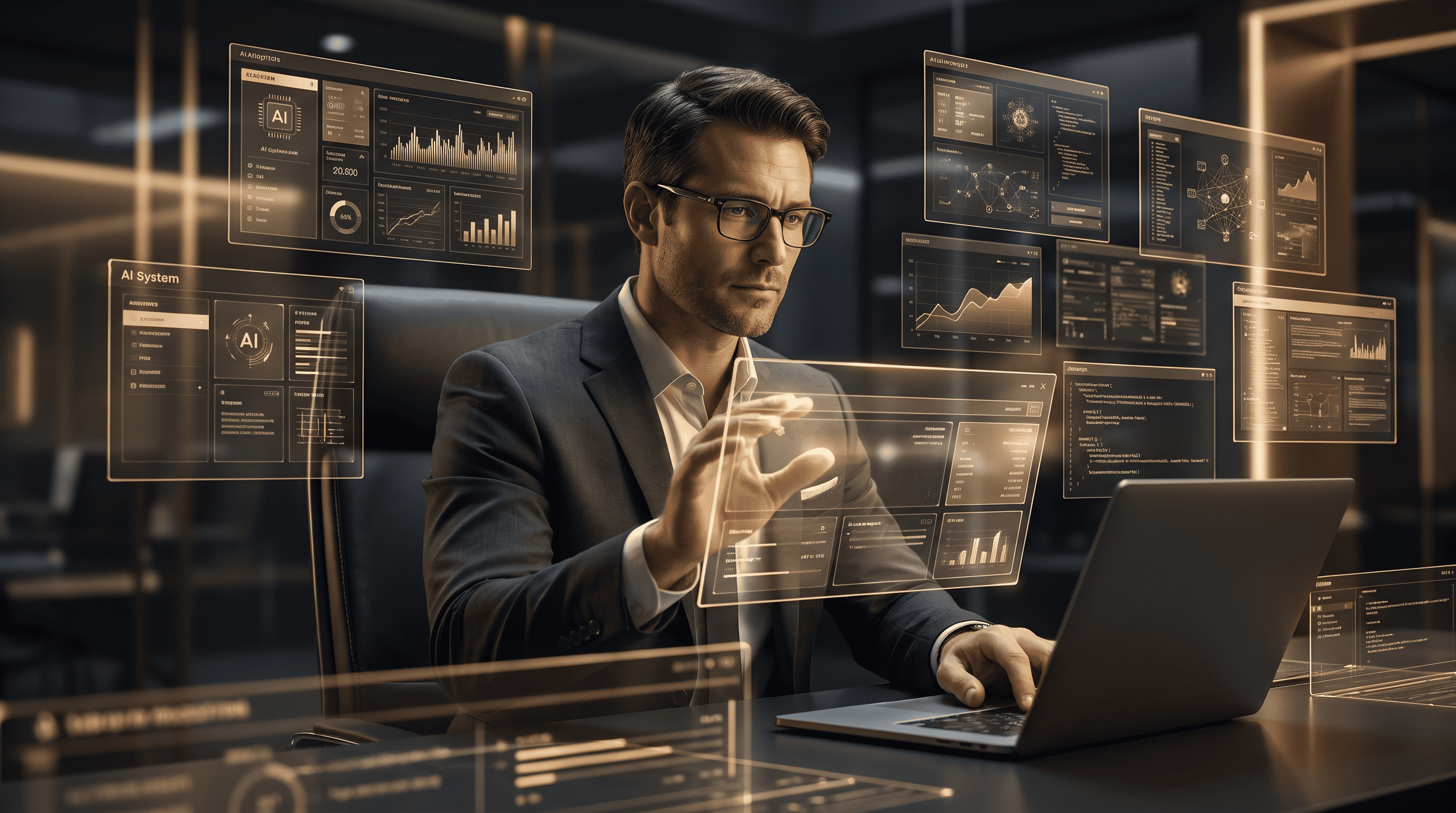 Executive reviewing AI analytics dashboards in a dark boardroom