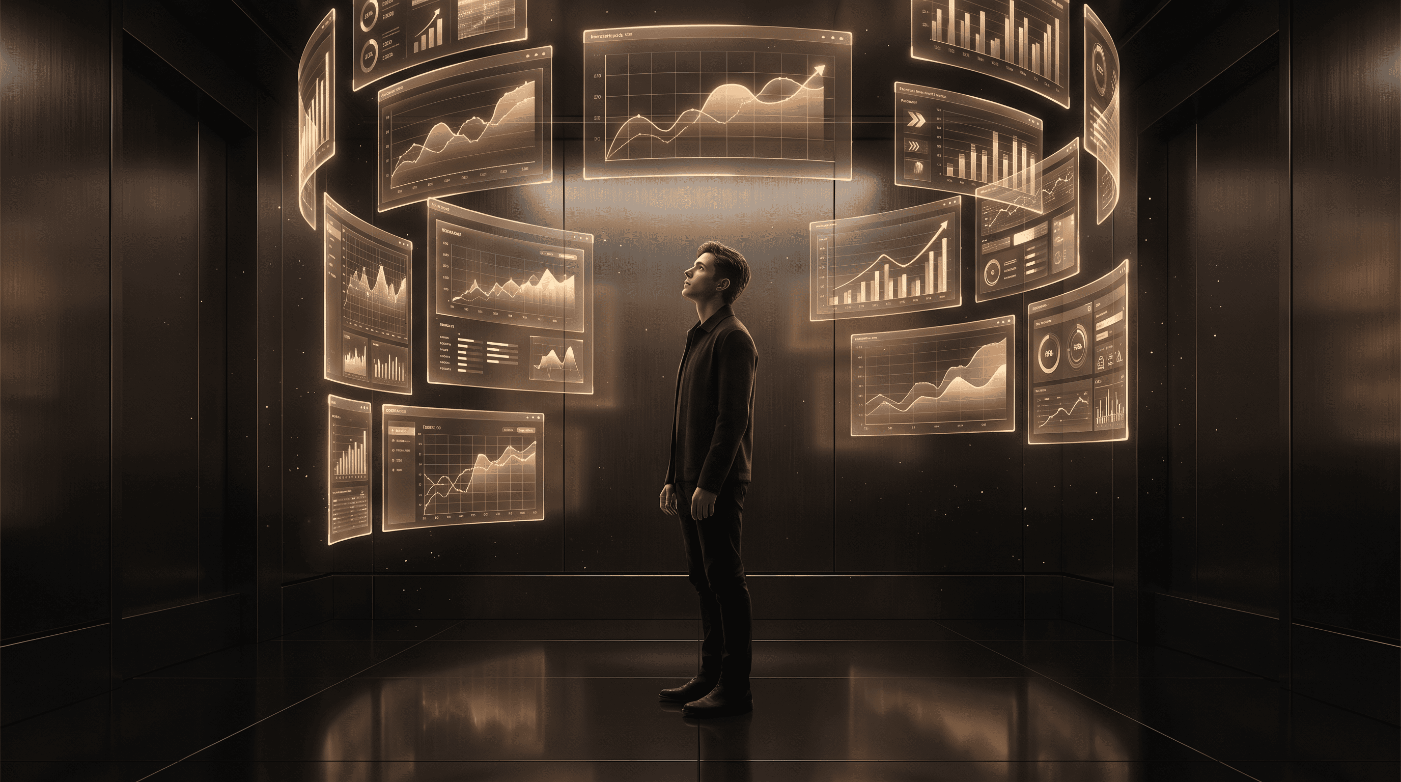 Executive reviewing AI analytics dashboards in a dark boardroom
