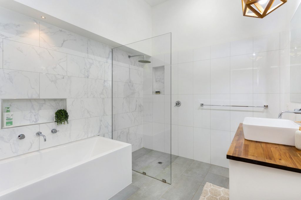 Marble bathroom with freestanding bath