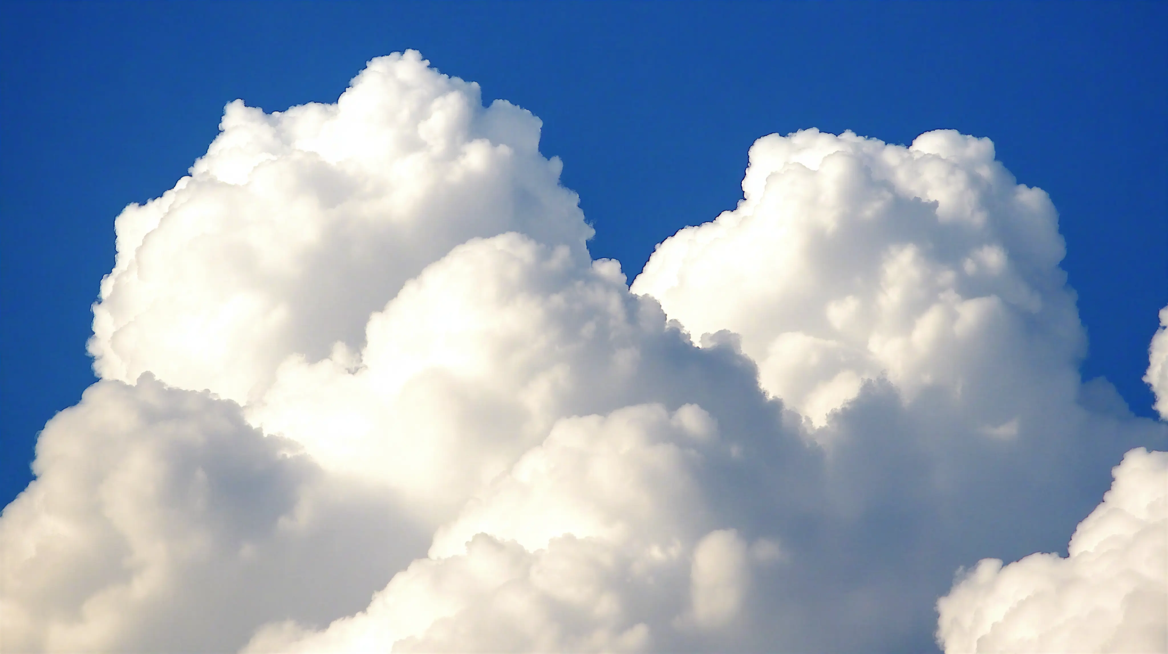Large fluffy white cumulus clouds against a clear bright blue sky.