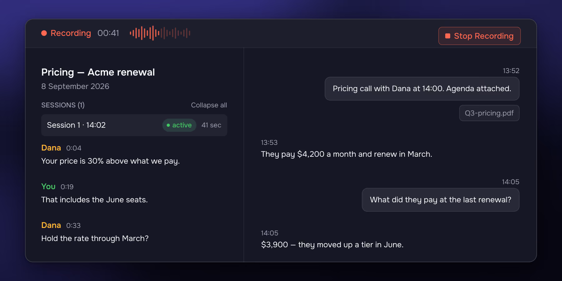 A Meetia thread while recording: the pre-call briefing at 13:52 sits directly above a mid-call exchange at 14:05, with the live session listed beside it.