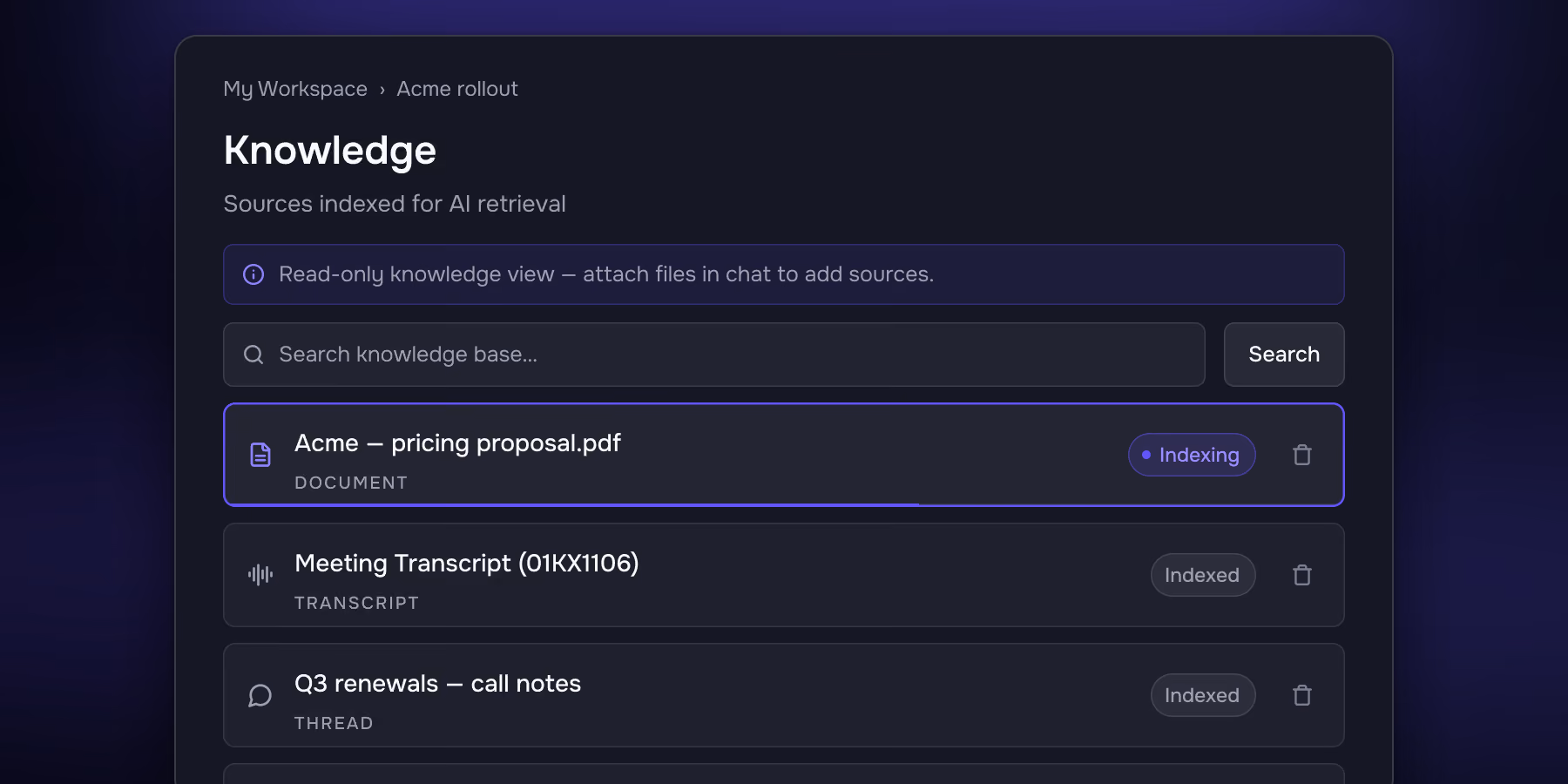 The workspace Knowledge base listing its sources: one document still indexing, the transcripts and threads below it marked Indexed.