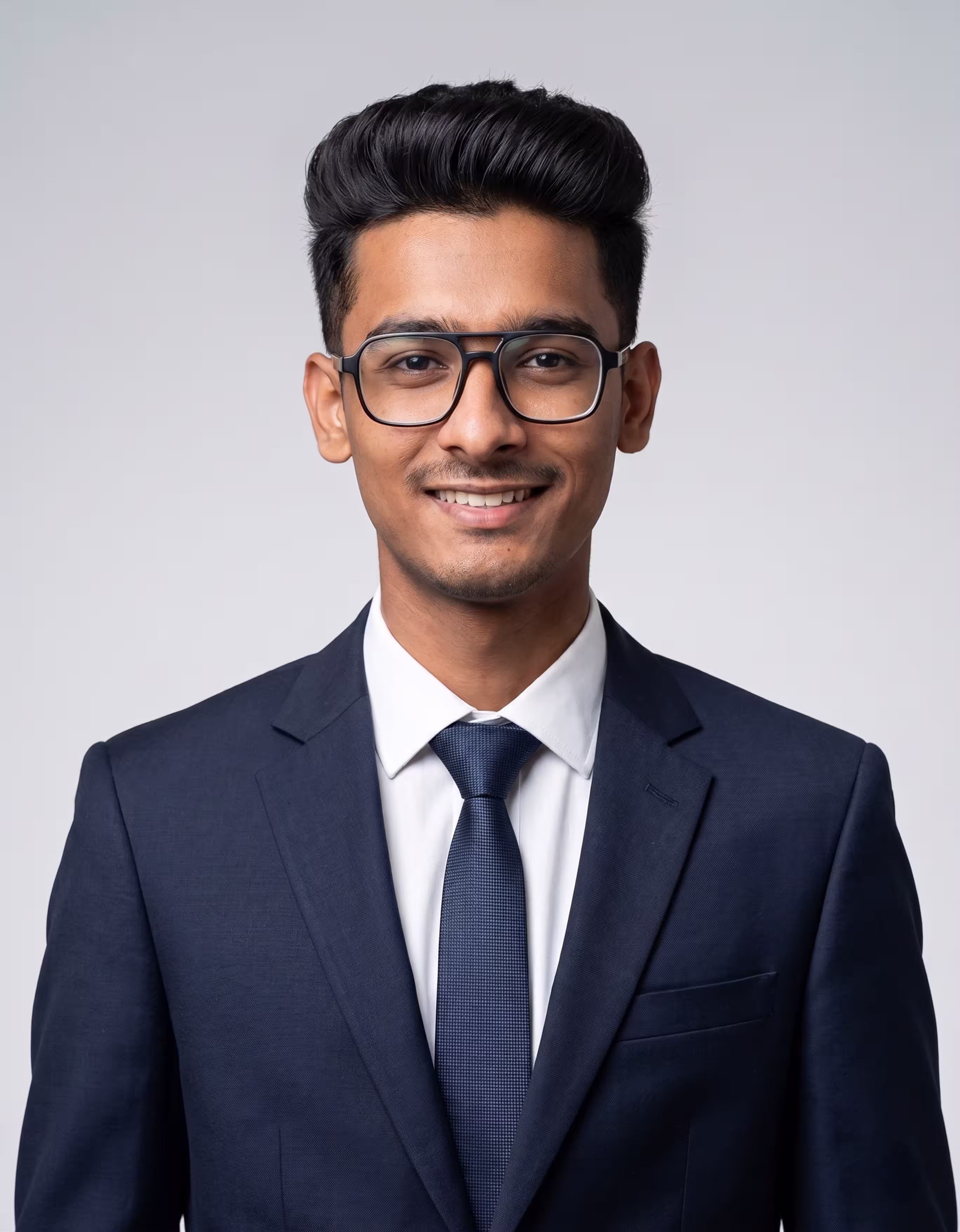 Smiling young man wearing glasses, navy suit, white shirt, and blue tie against a light background.