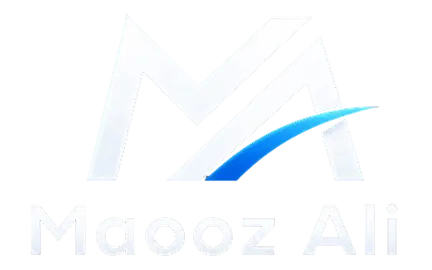 Blue neon hexagon logo with stylized letter M and text Maooz Ali Webflow Developer below.
