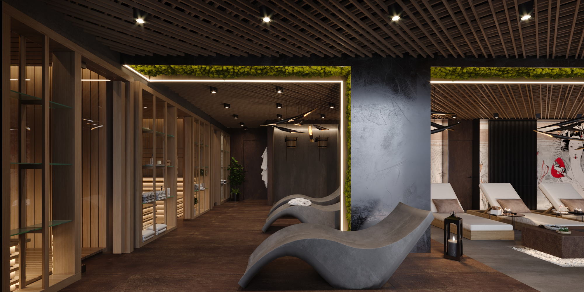 Asian Spa — sculptural stone lounger beside the moss wall