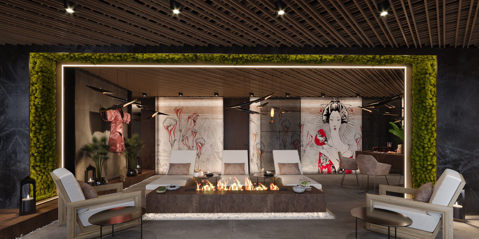 Asian Spa — wide relaxation lounge under the slatted timber ceiling