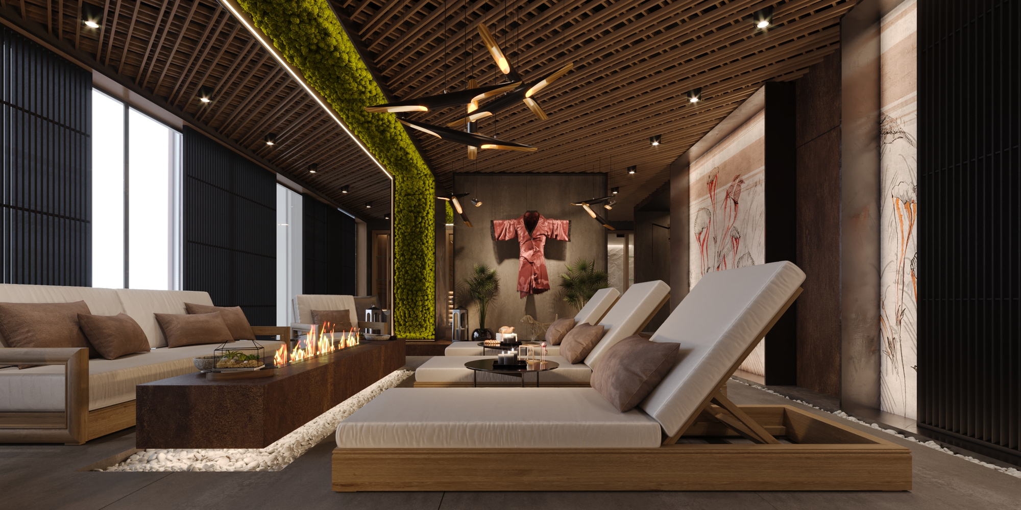 Asian Spa — lounge seating with printed kimono panel behind