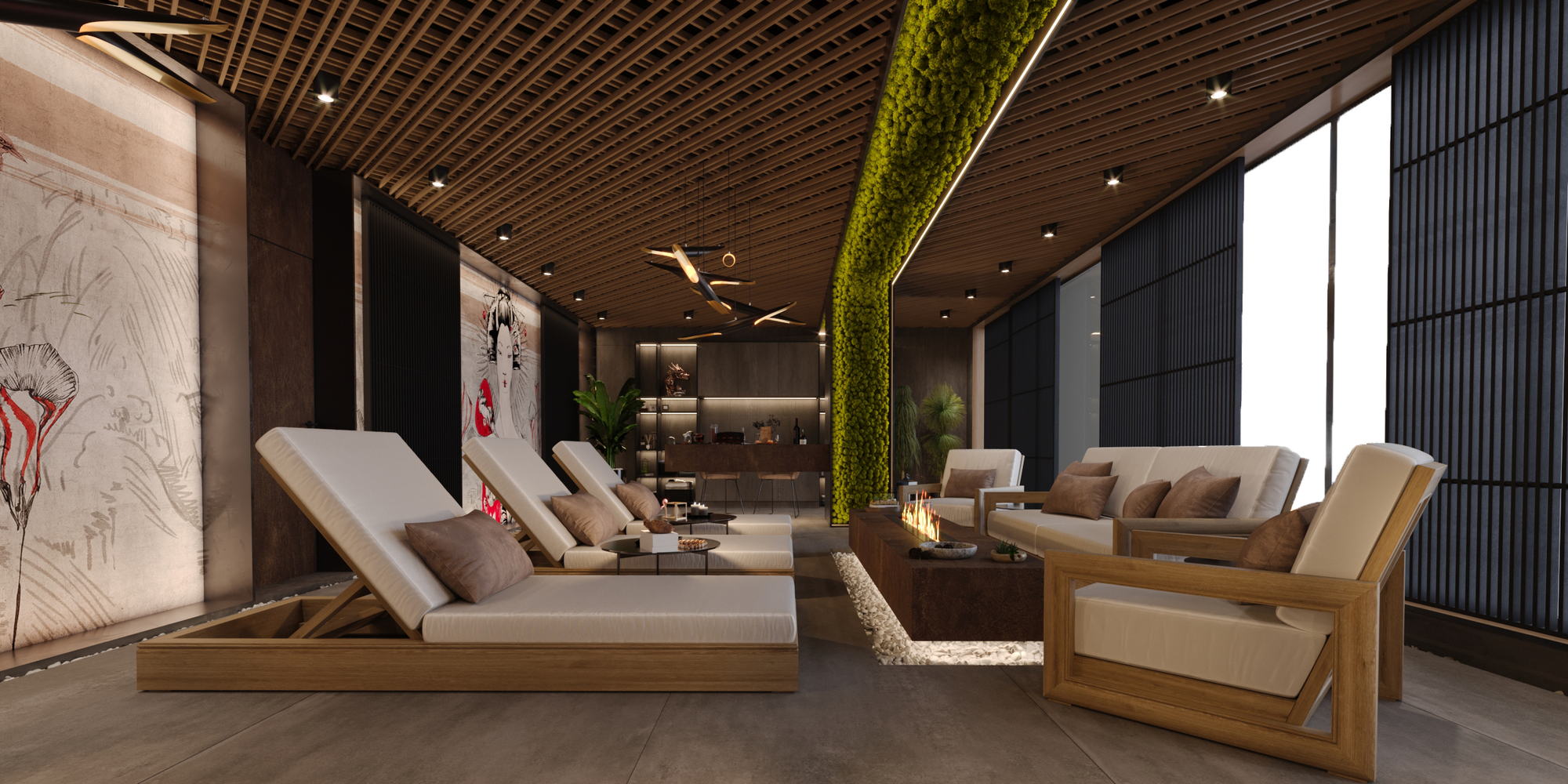 Asian Spa — armchairs and loungers along the moss column