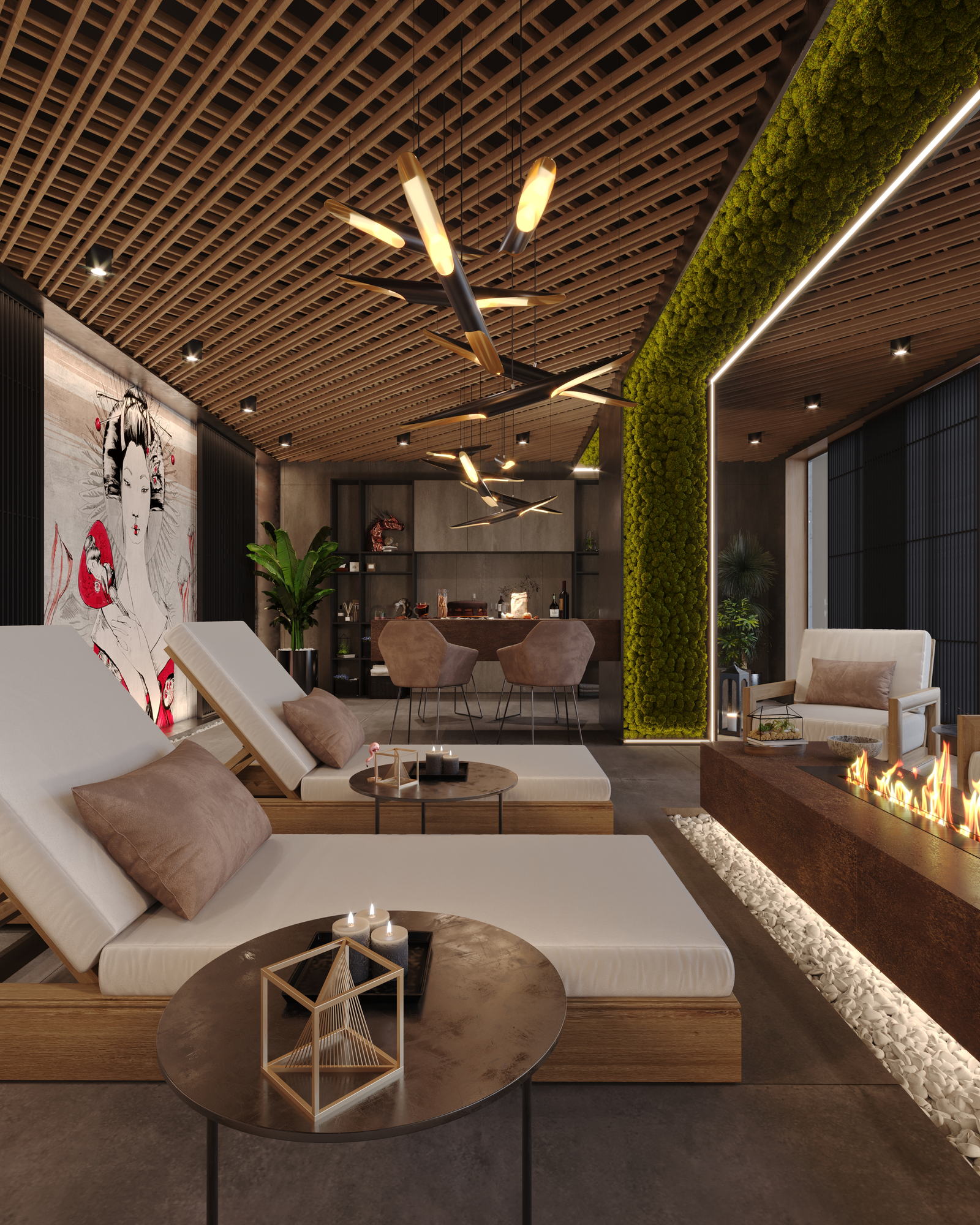 Asian Spa — daybed and low table beside the moss wall