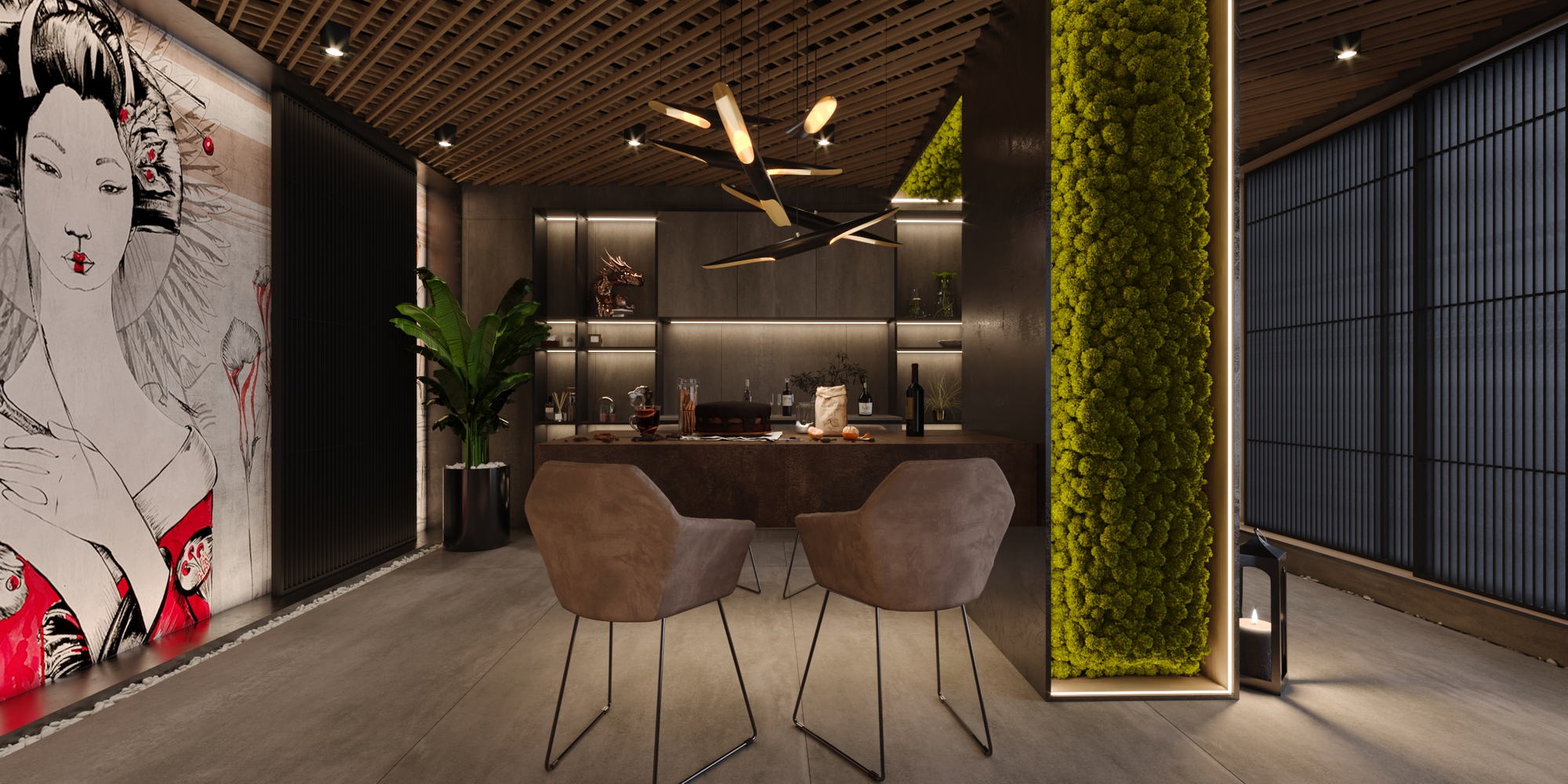 Asian Spa — consultation desk beneath the figurative mural