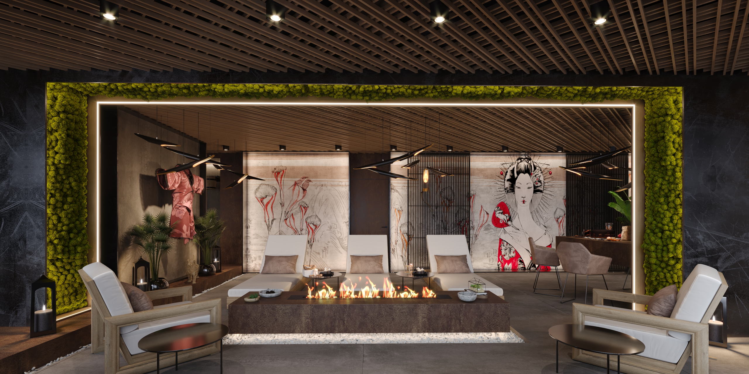 A spa interior organised around a slatted timber ceiling and moss-clad columns.