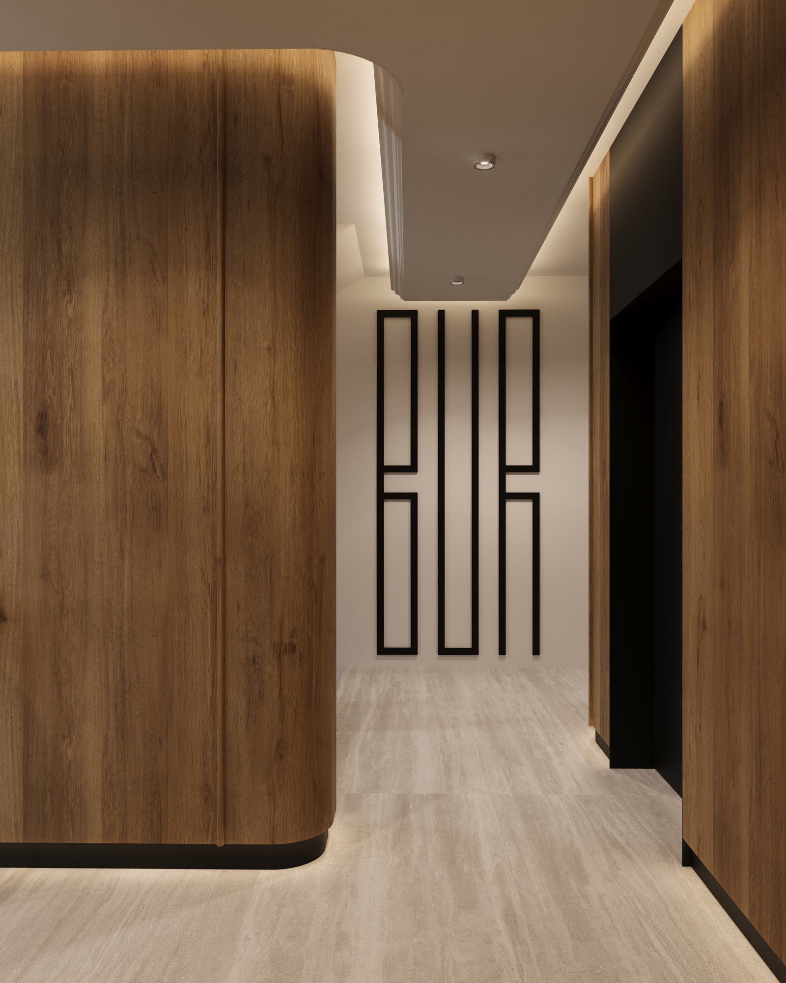 BUR Residence — corridor with the BUR monogram cut into the timber