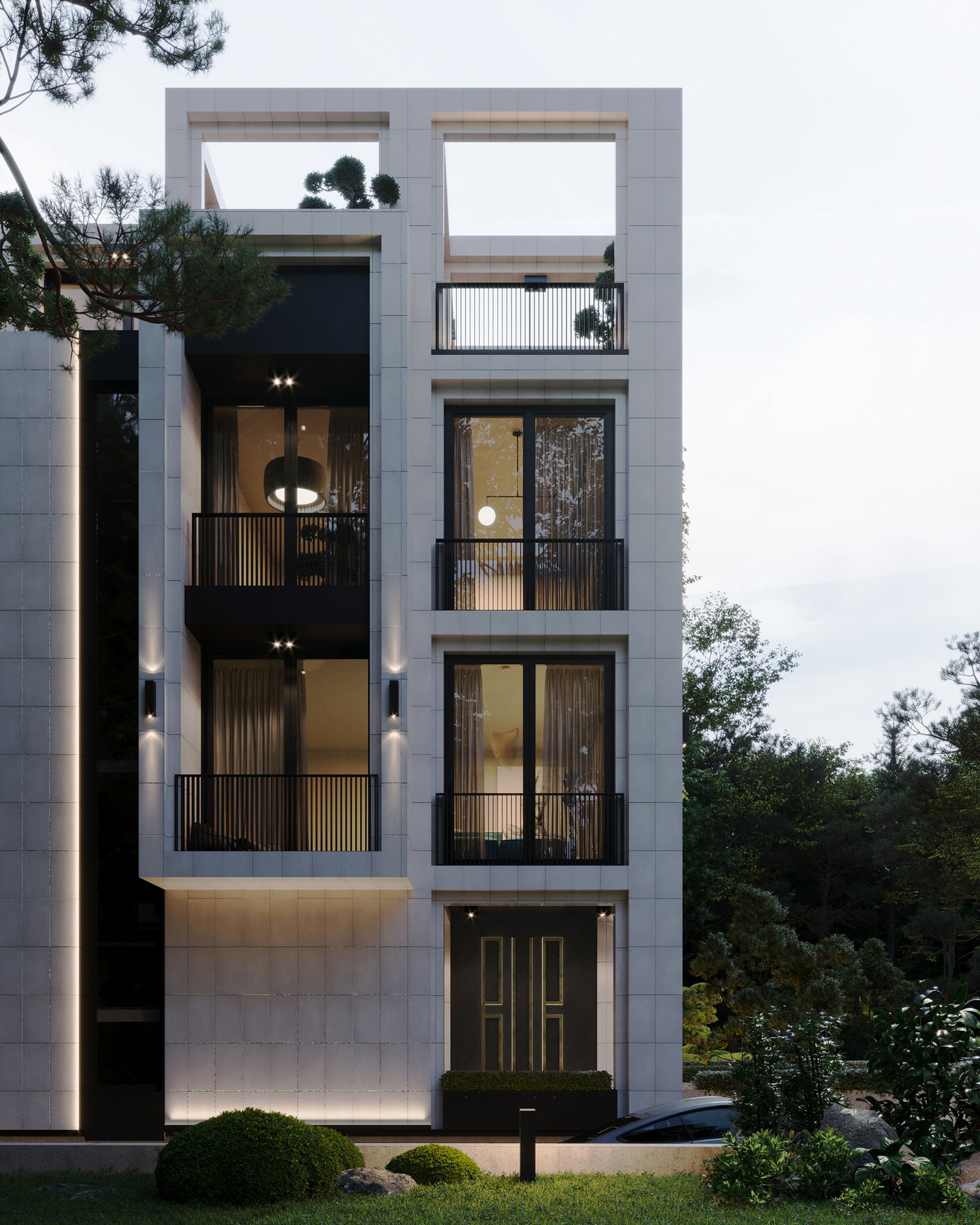 BUR Residence — the elevation at dusk