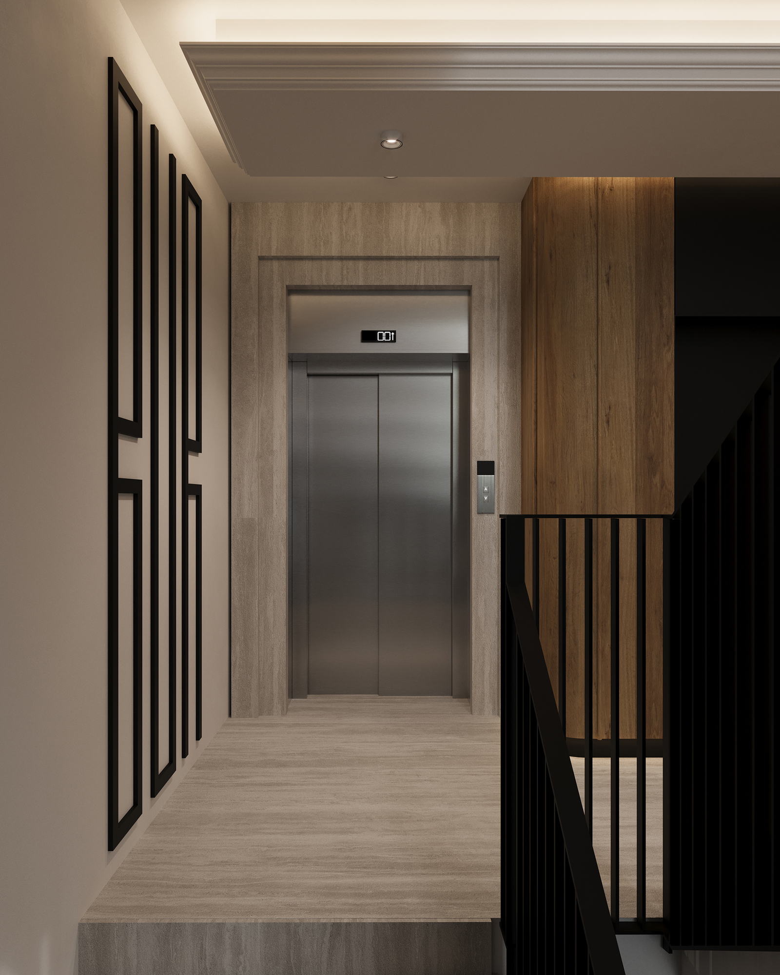 BUR Residence — lift lobby and stair behind the black steel screen