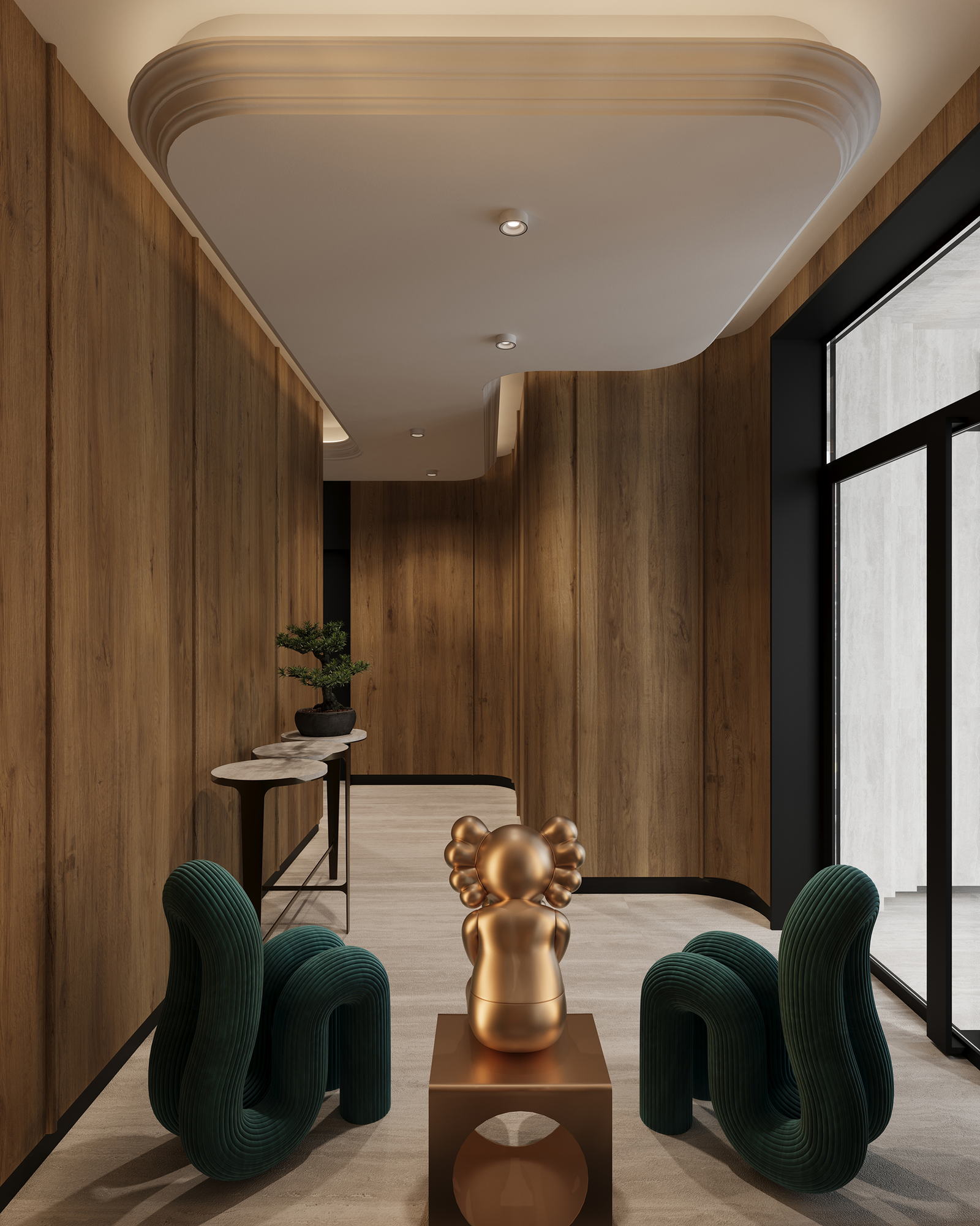 BUR Residence — bronze figure on the console beneath the curved ceiling