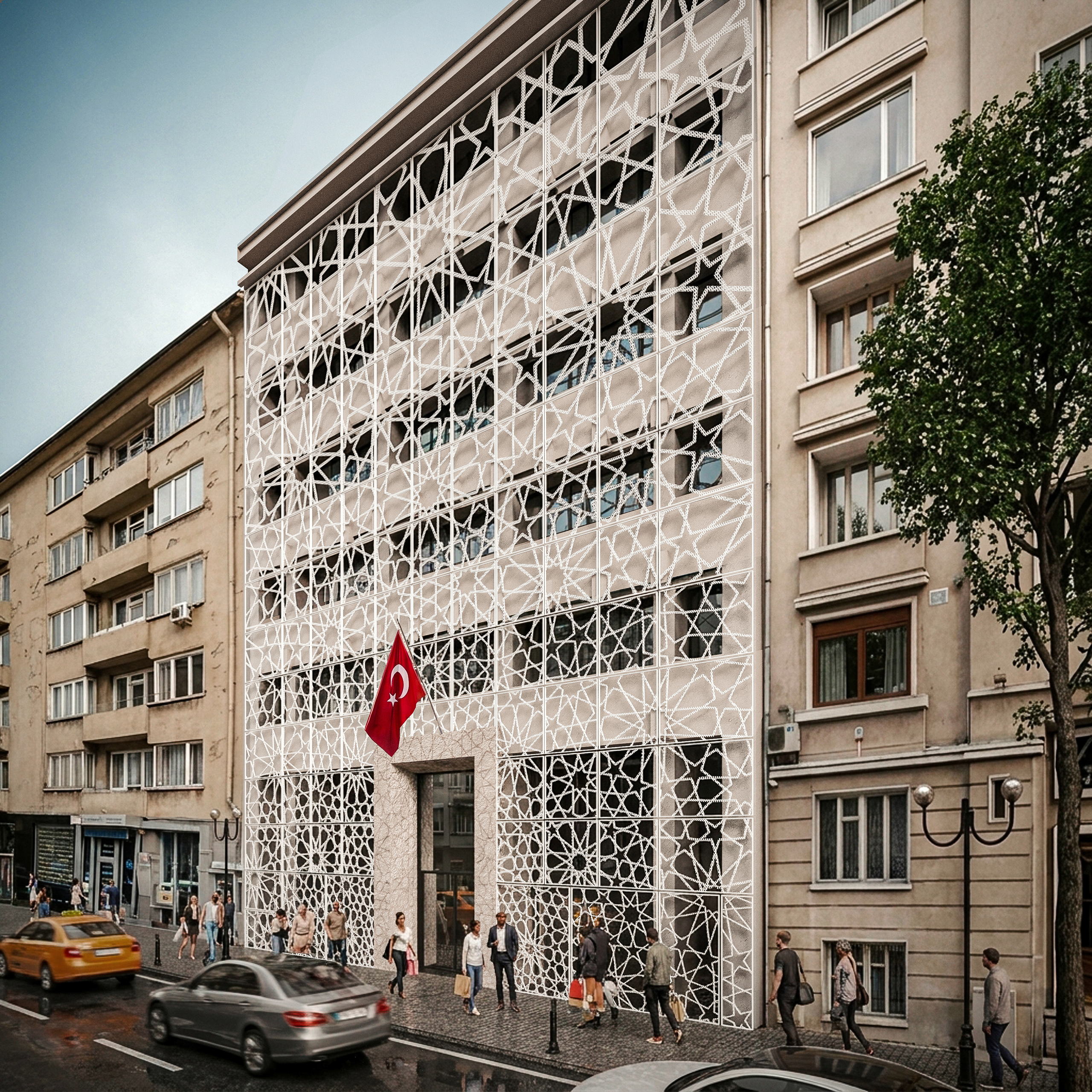 A perforated screen proposed across the elevation of an existing embassy building.