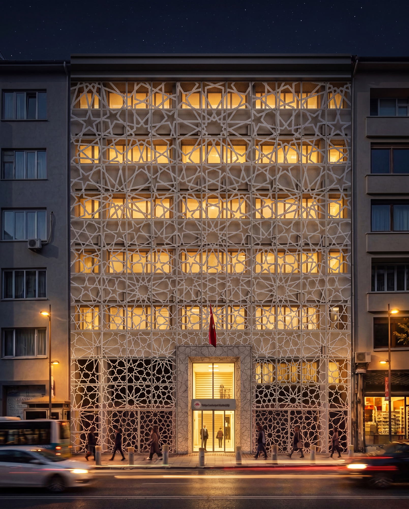 Embassy Turkey — frontal view of the facade lit at night