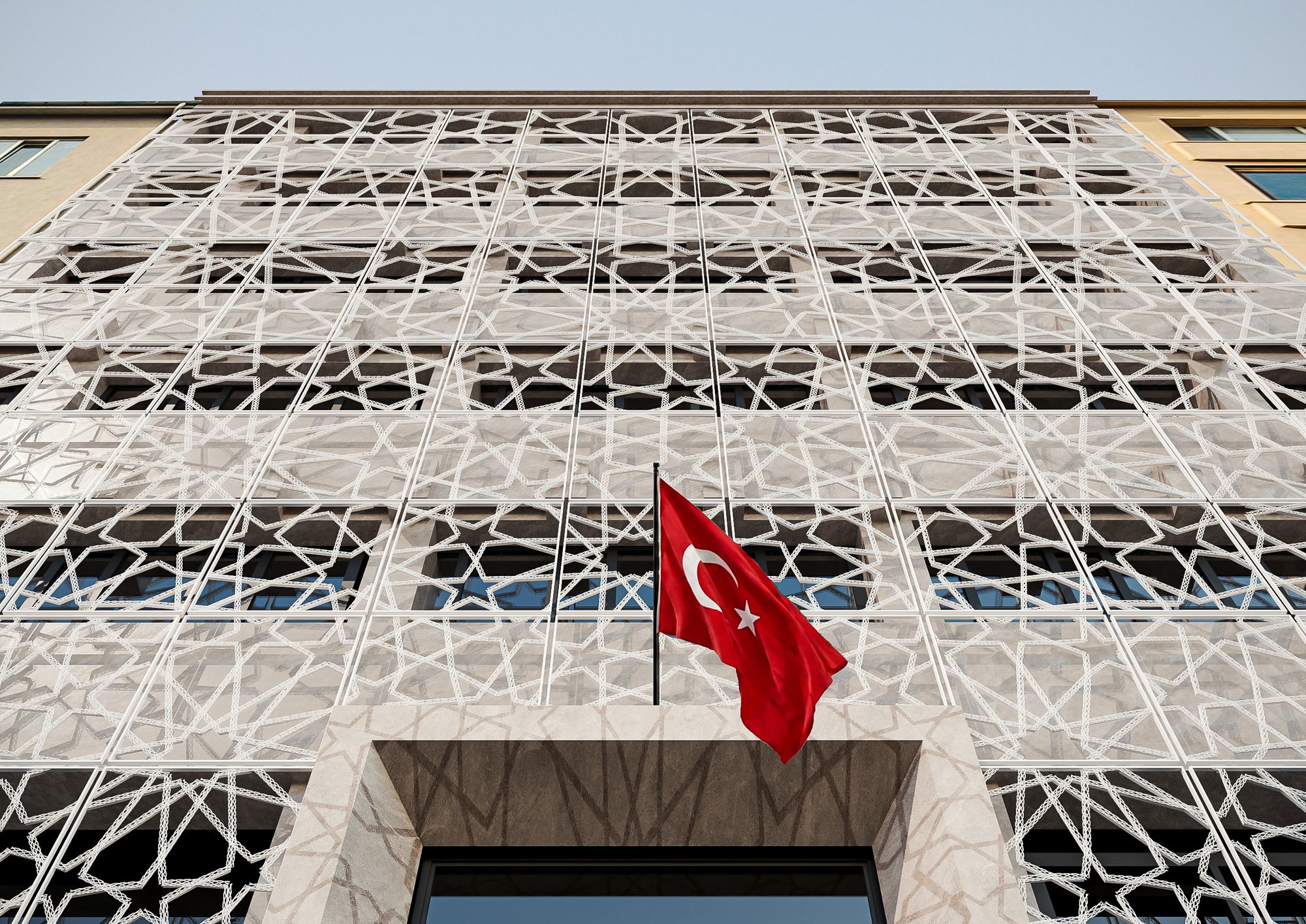Embassy Turkey — oblique view along the screened elevation