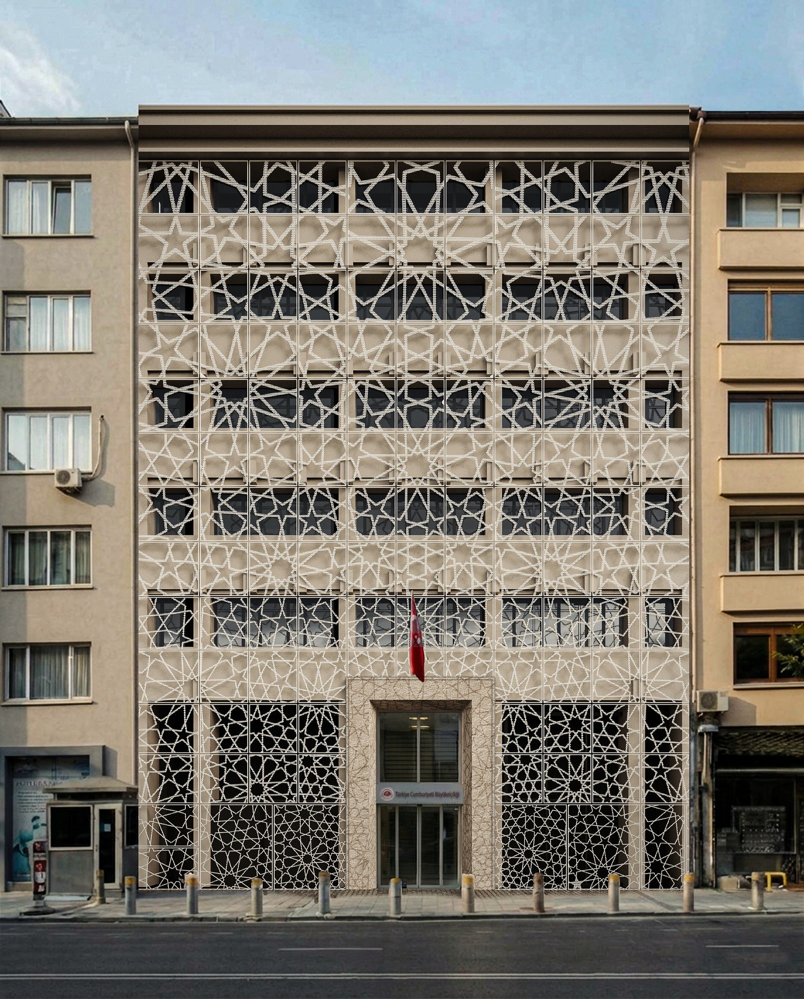 Embassy Turkey — frontal view of the completed facade by day