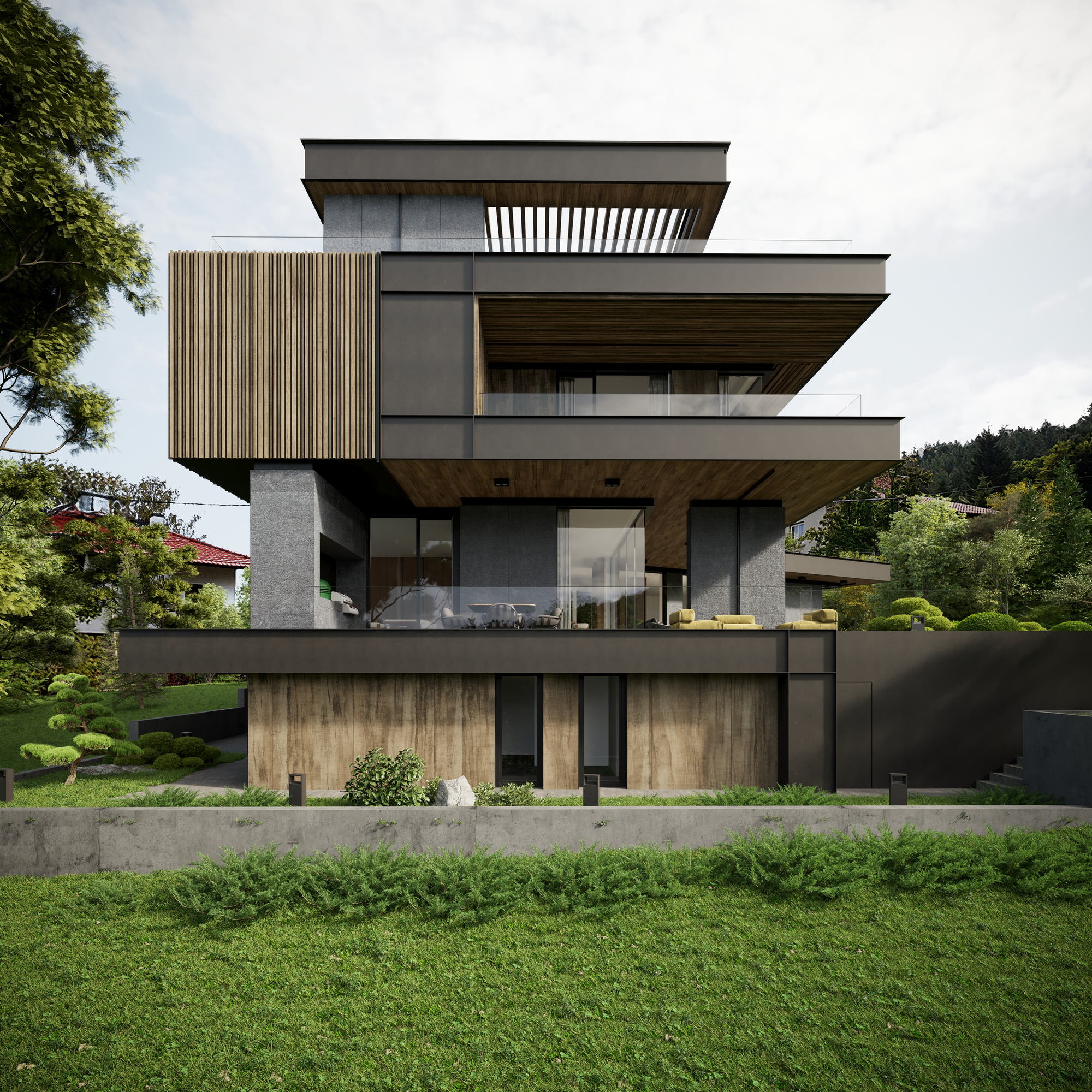 HN House — cantilevered upper volumes from the road