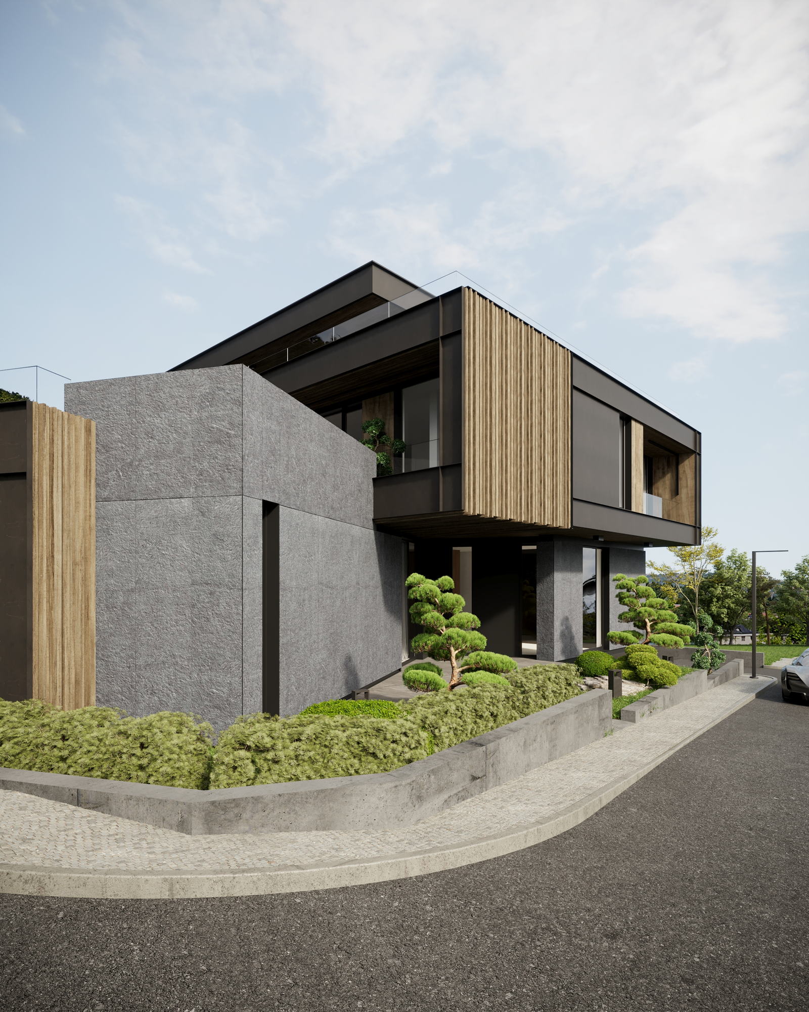 HN House — street corner and retaining wall