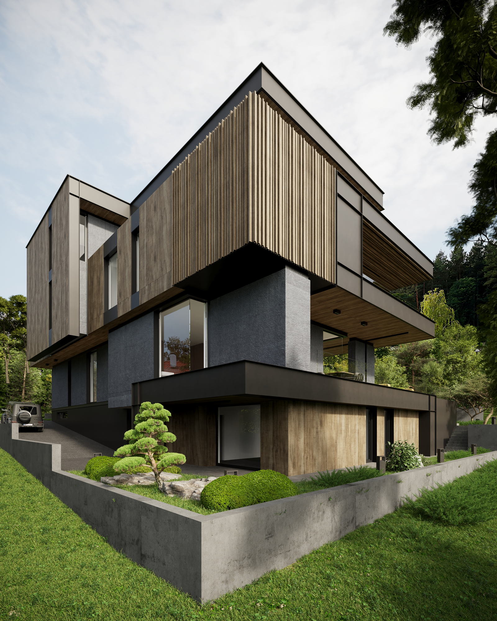 HN House — timber-clad volumes above the garden