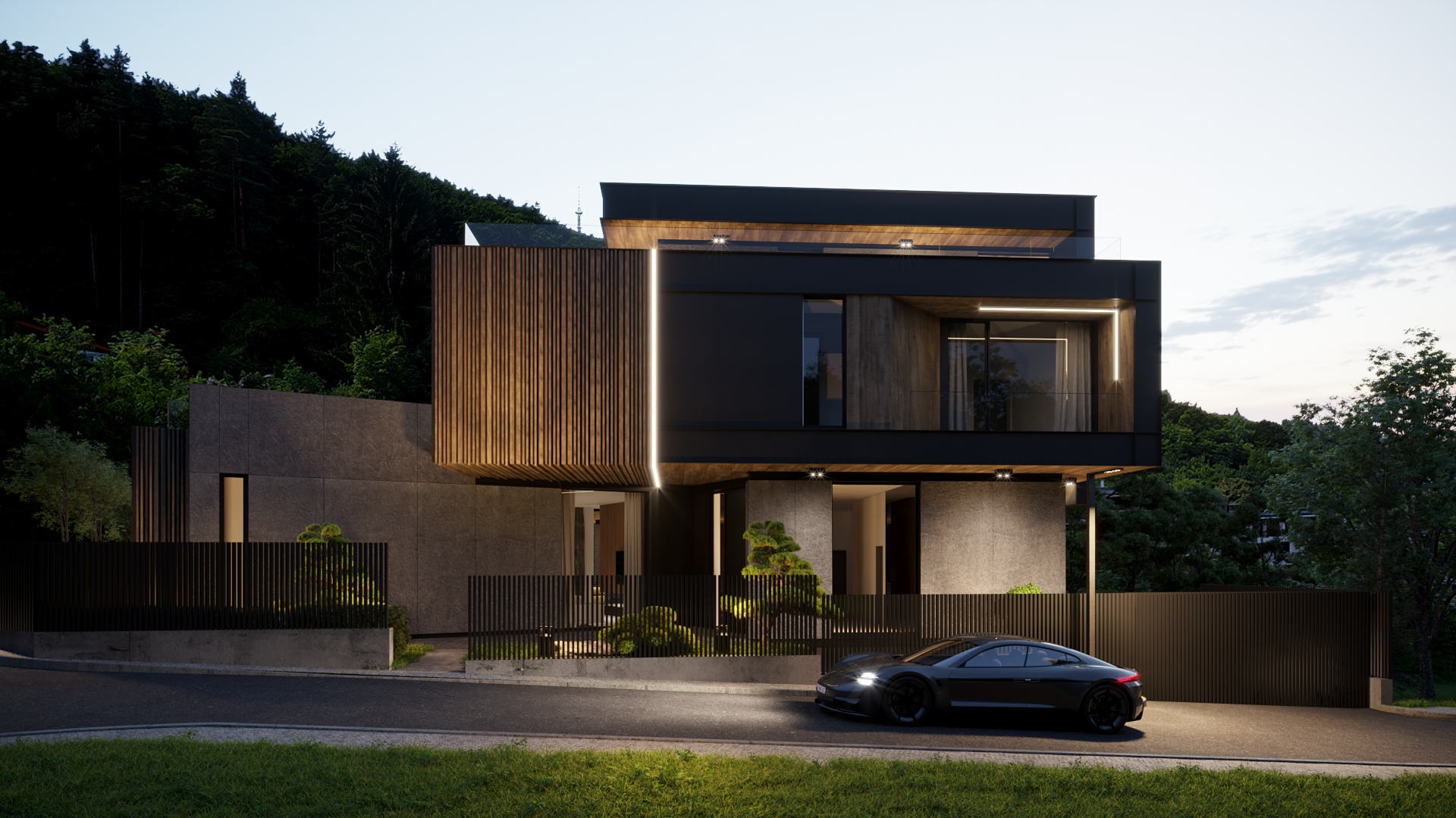HN House — the house lit at night