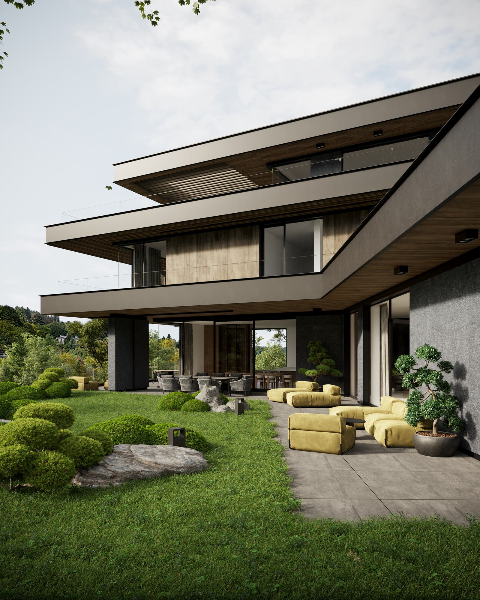 HN House — seating terrace under the deep overhang