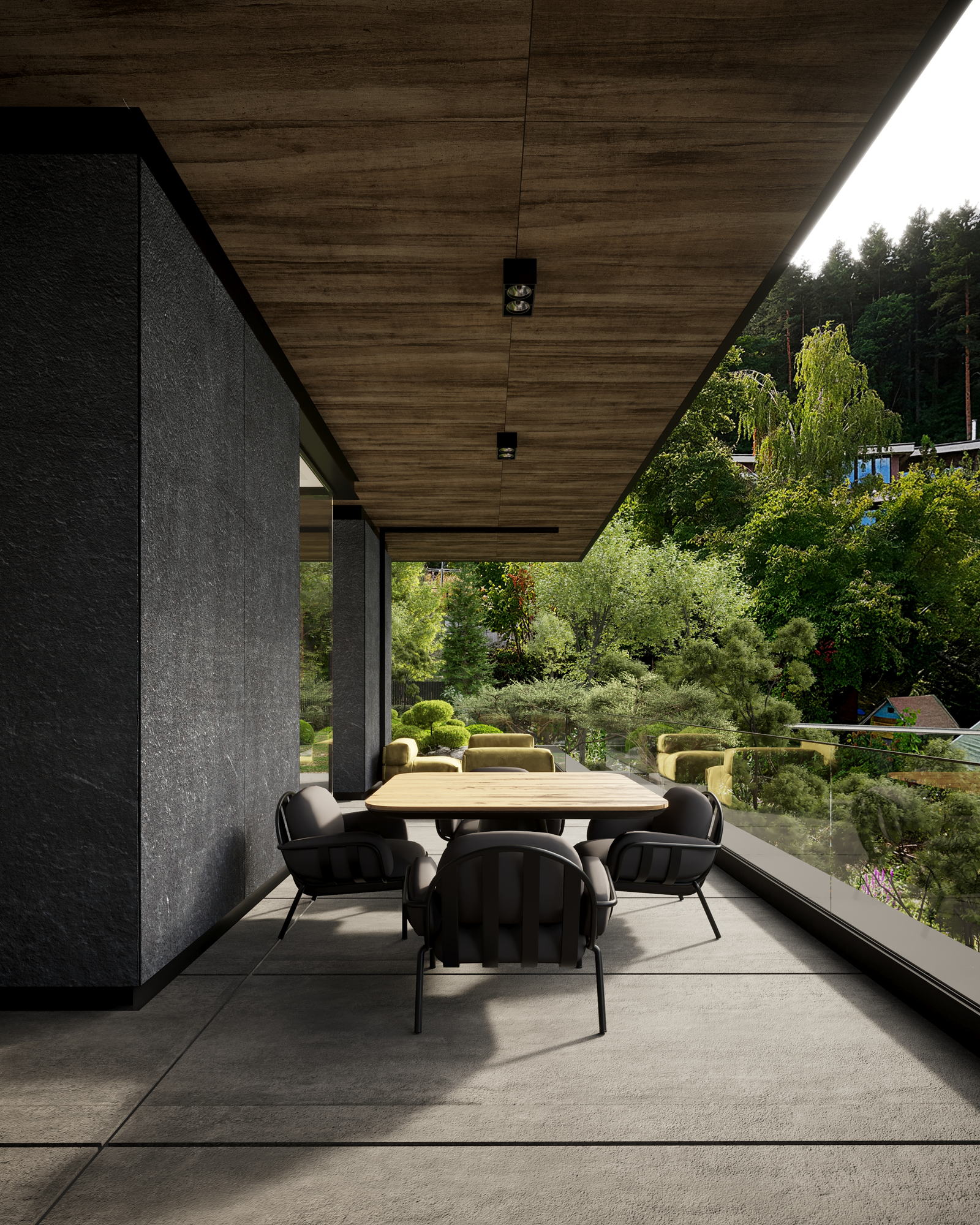 HN House — dining table beneath the cantilever