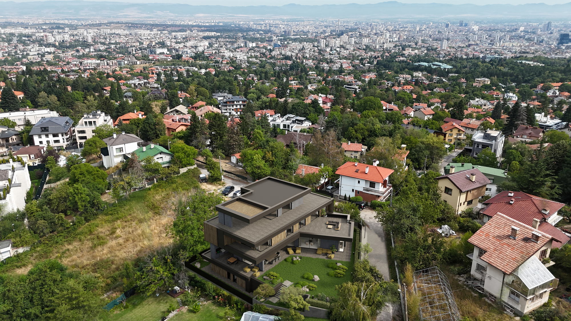HN House — aerial view of the house in its neighbourhood