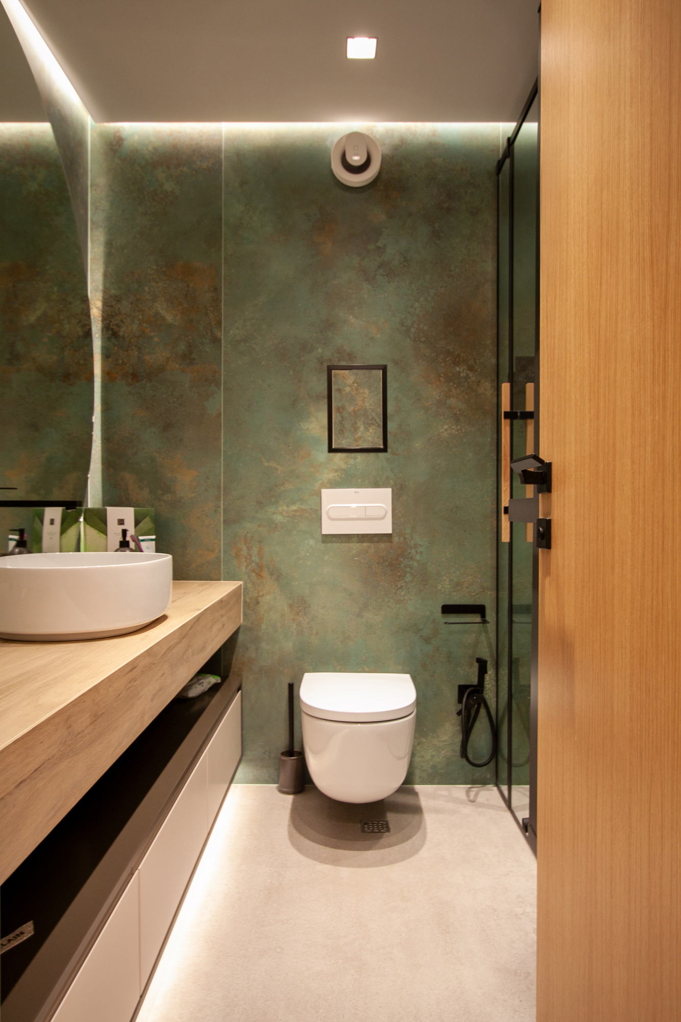 Kosanin Dol Apartament — bathroom with green plaster wall
