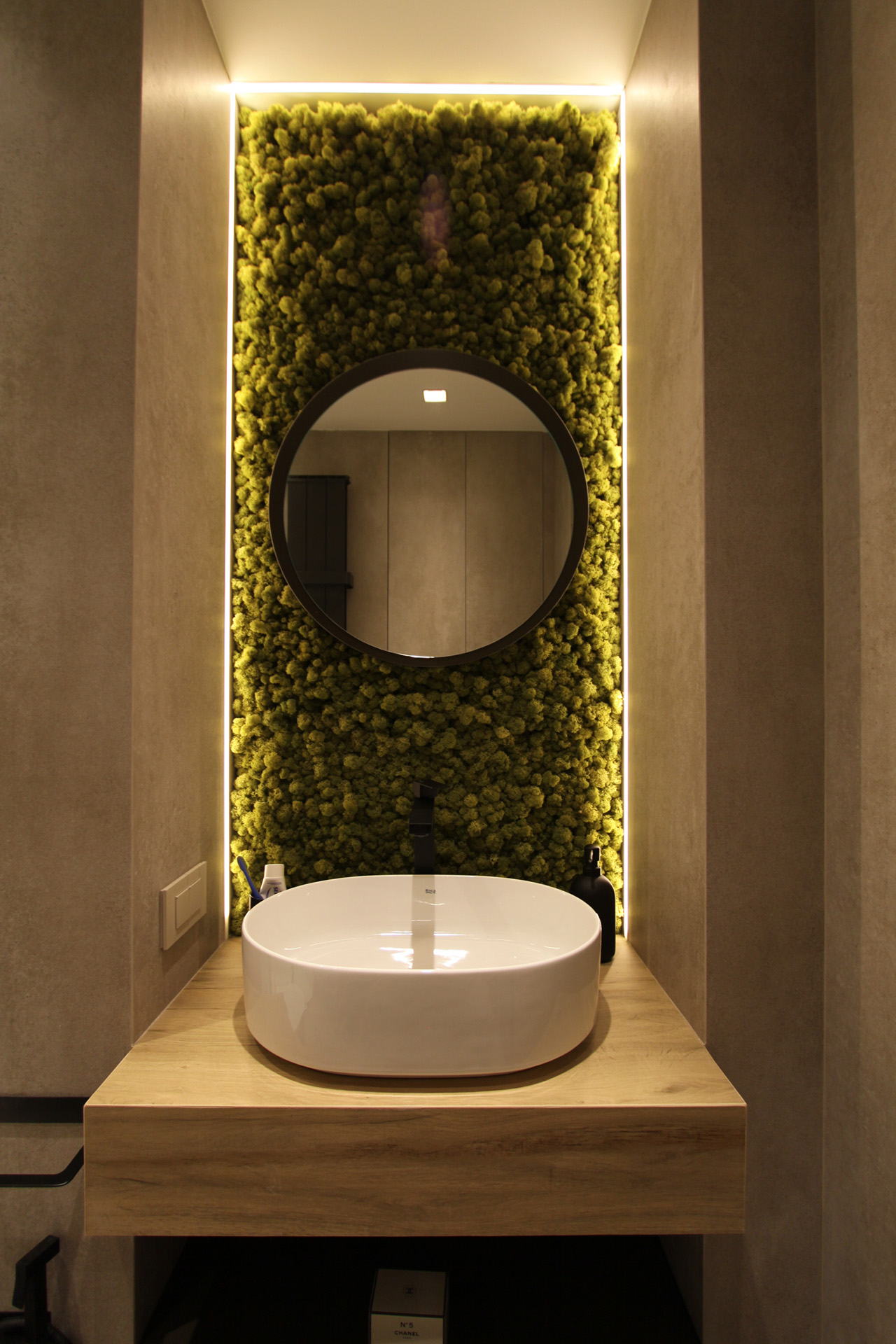 Kosanin Dol Apartament — cloakroom basin and moss panel