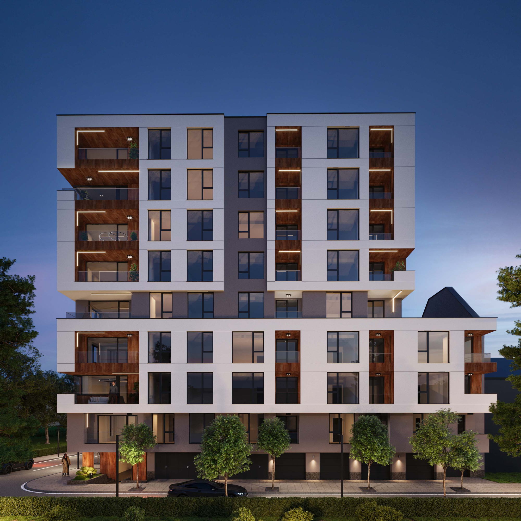 Razsadnika Residence — street elevation lit at night