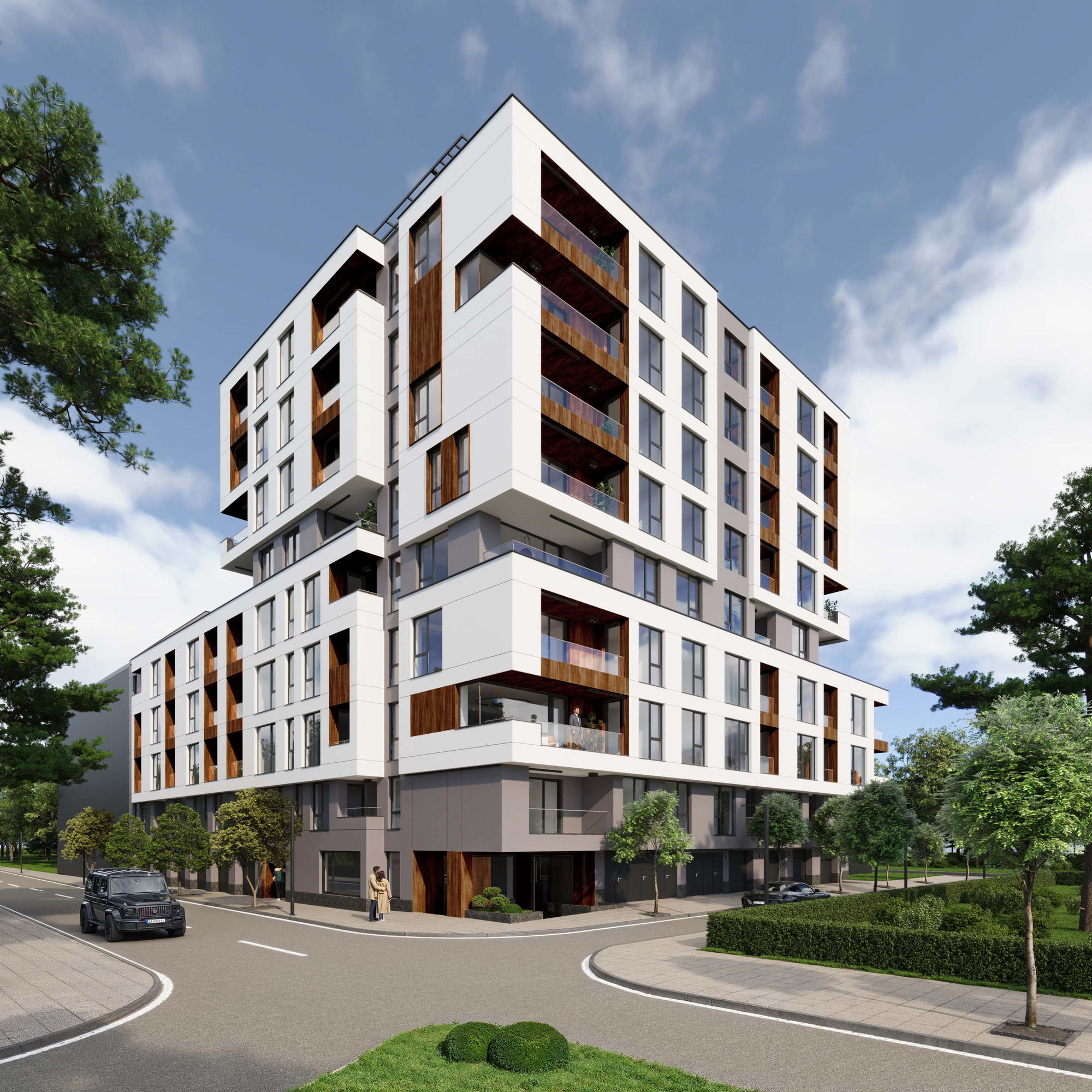 Razsadnika Residence — corner of the building above the junction