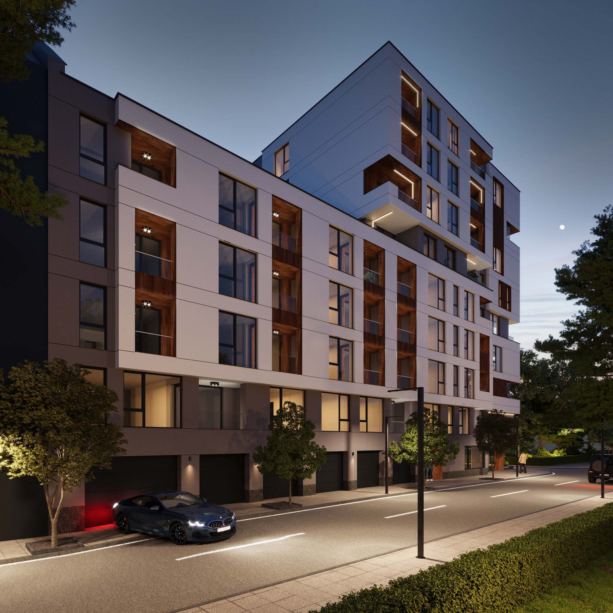 Razsadnika Residence — the street frontage after dark