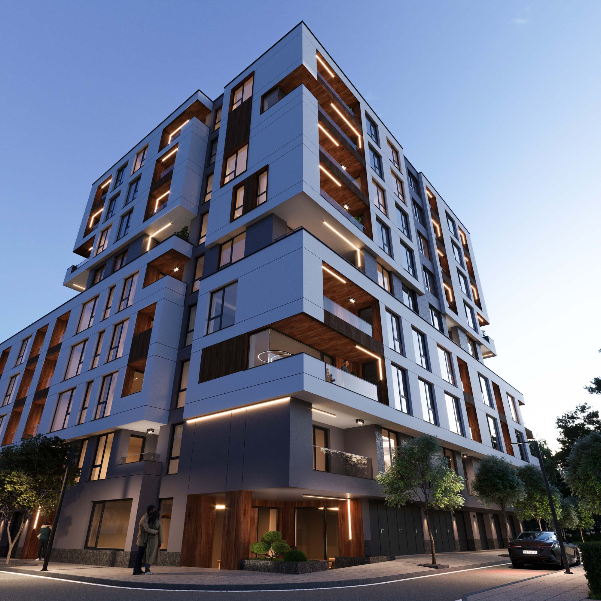 Razsadnika Residence — the lit corner at night