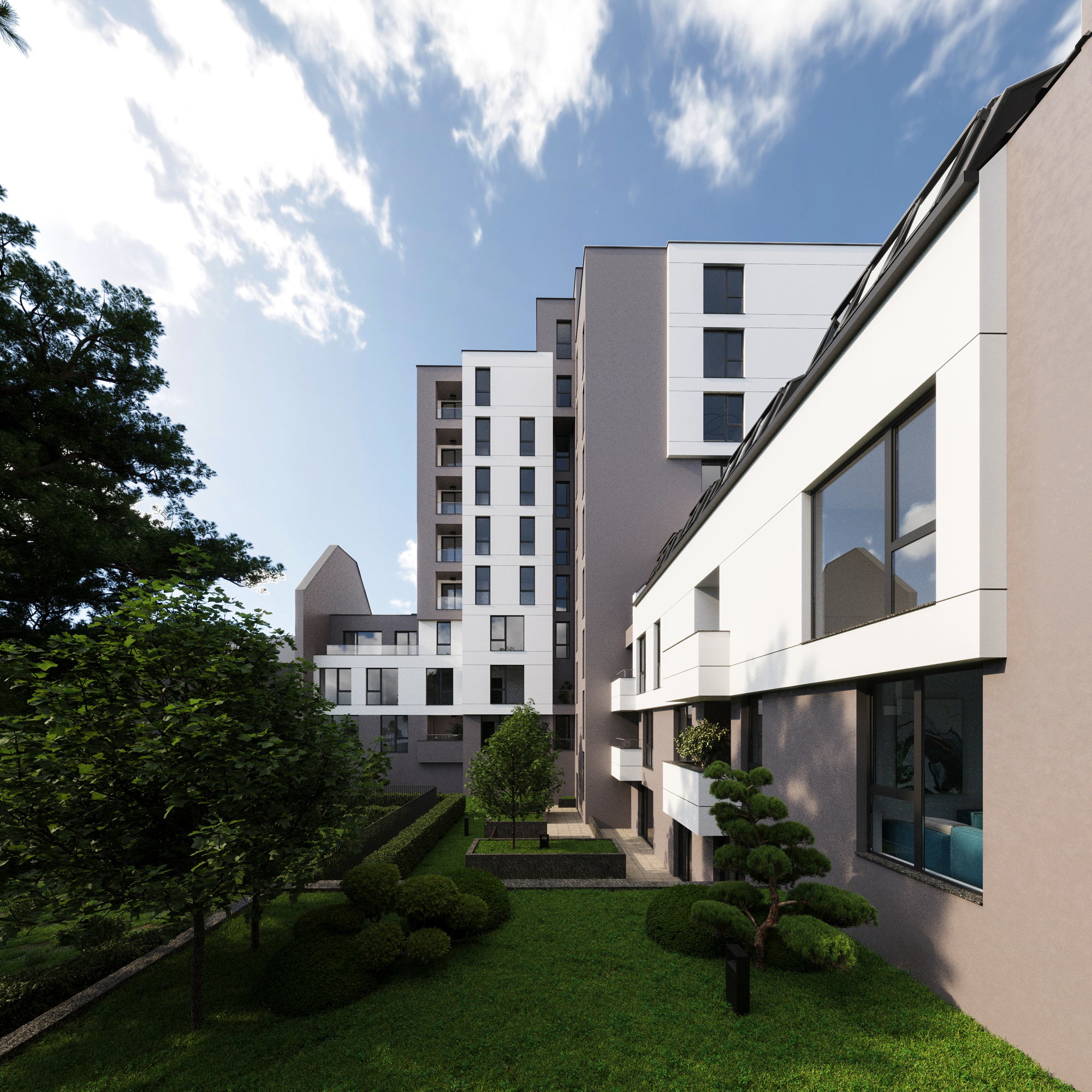 Razsadnika Residence — the garden side of the block