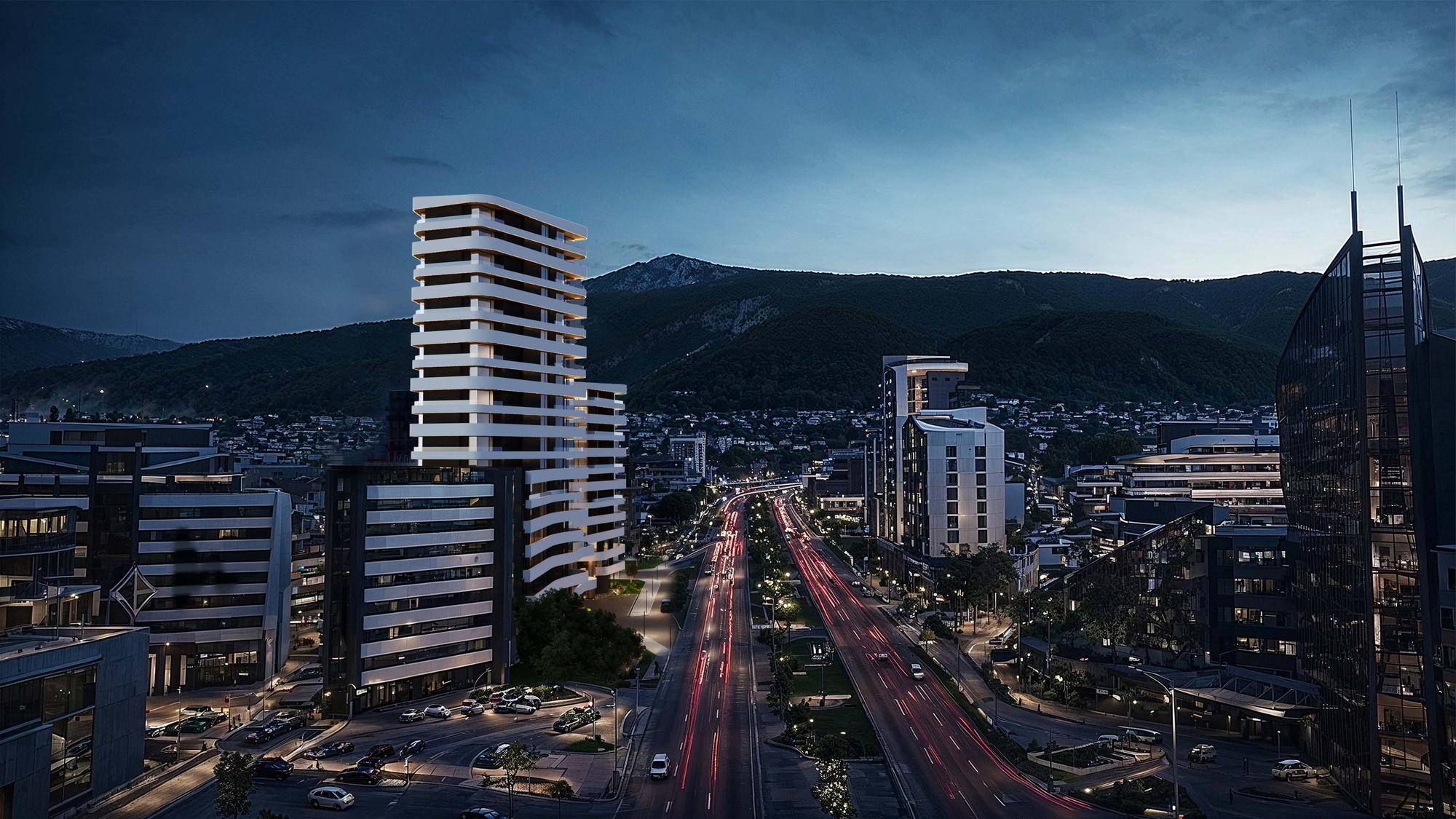 RUh Bulgaria — aerial view of the boulevard at dusk