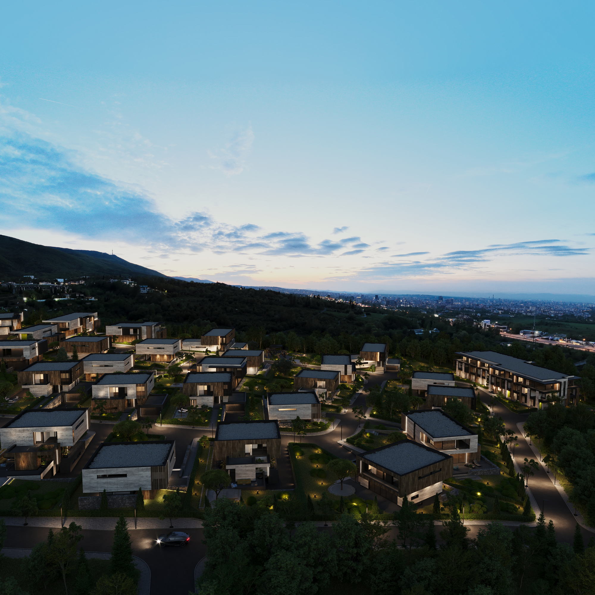 RUhomes Botanic Garden — aerial view of the development at dusk
