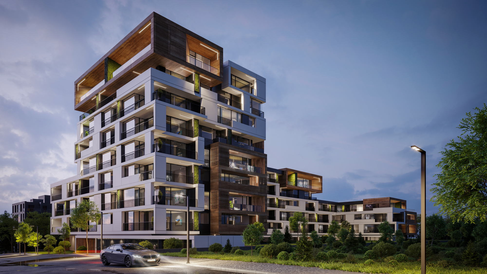 RUhouse II — the complex lit at night