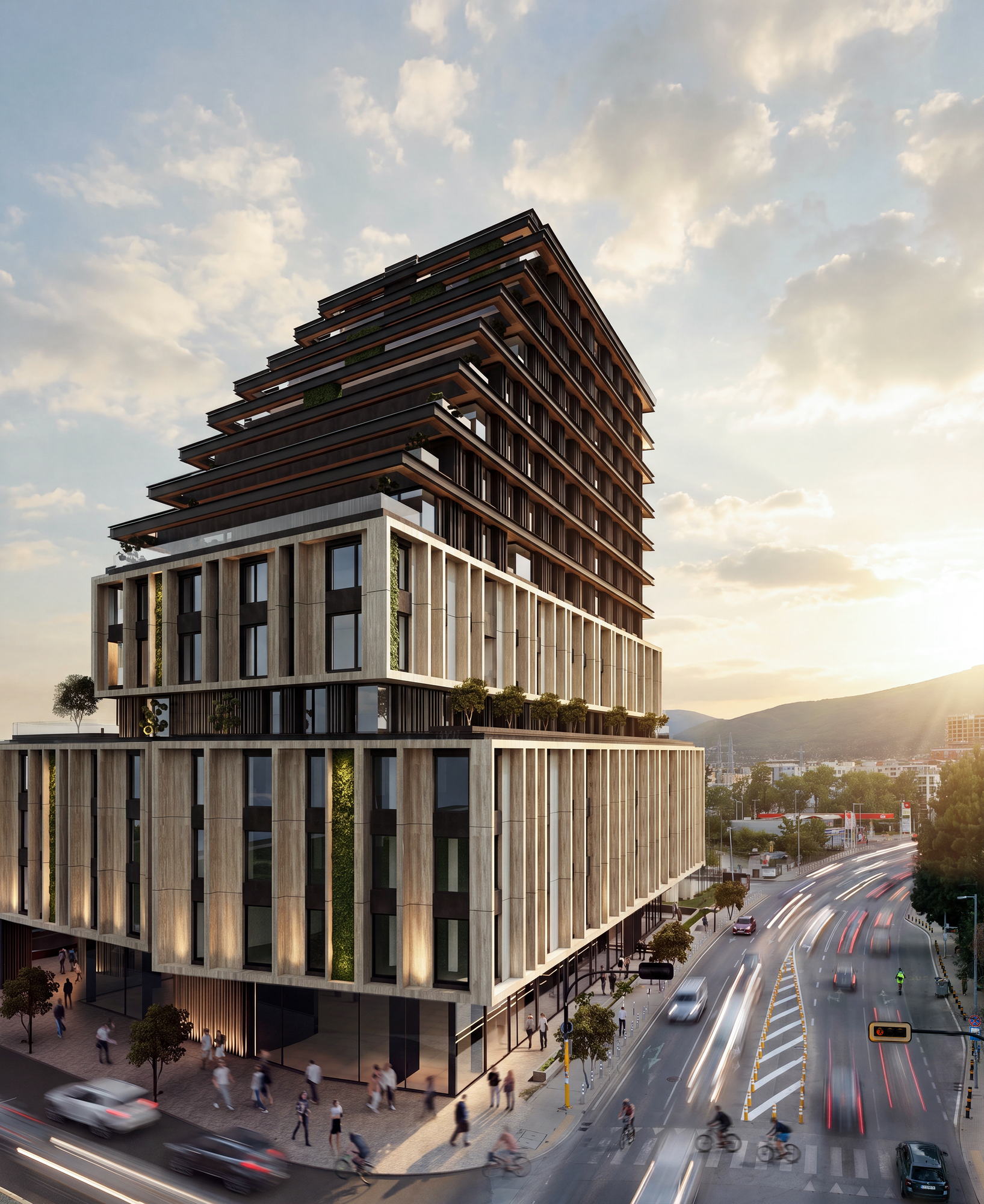 RUH 3 — the building above the boulevard at sunset