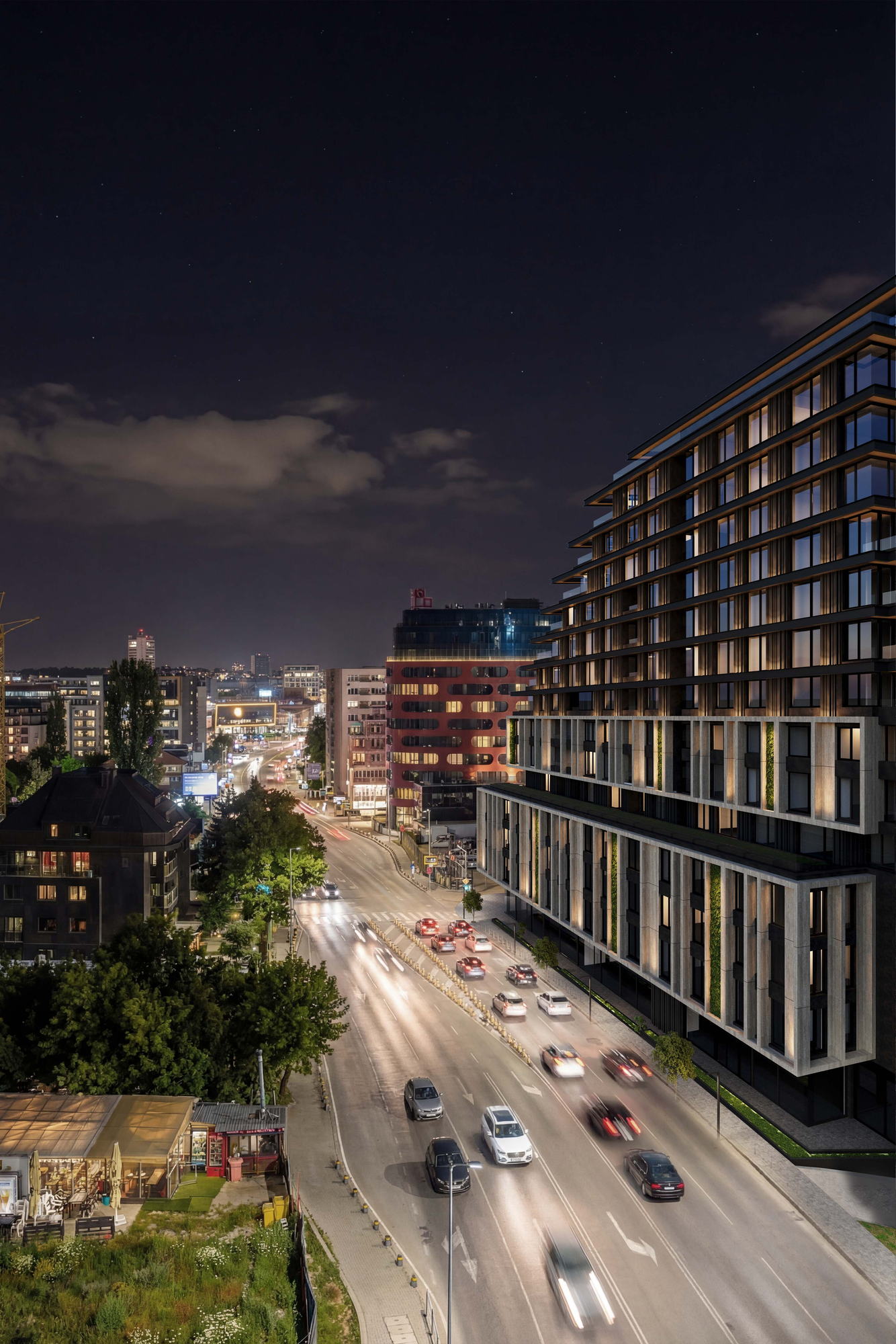 RUH 3 — the boulevard elevation at night