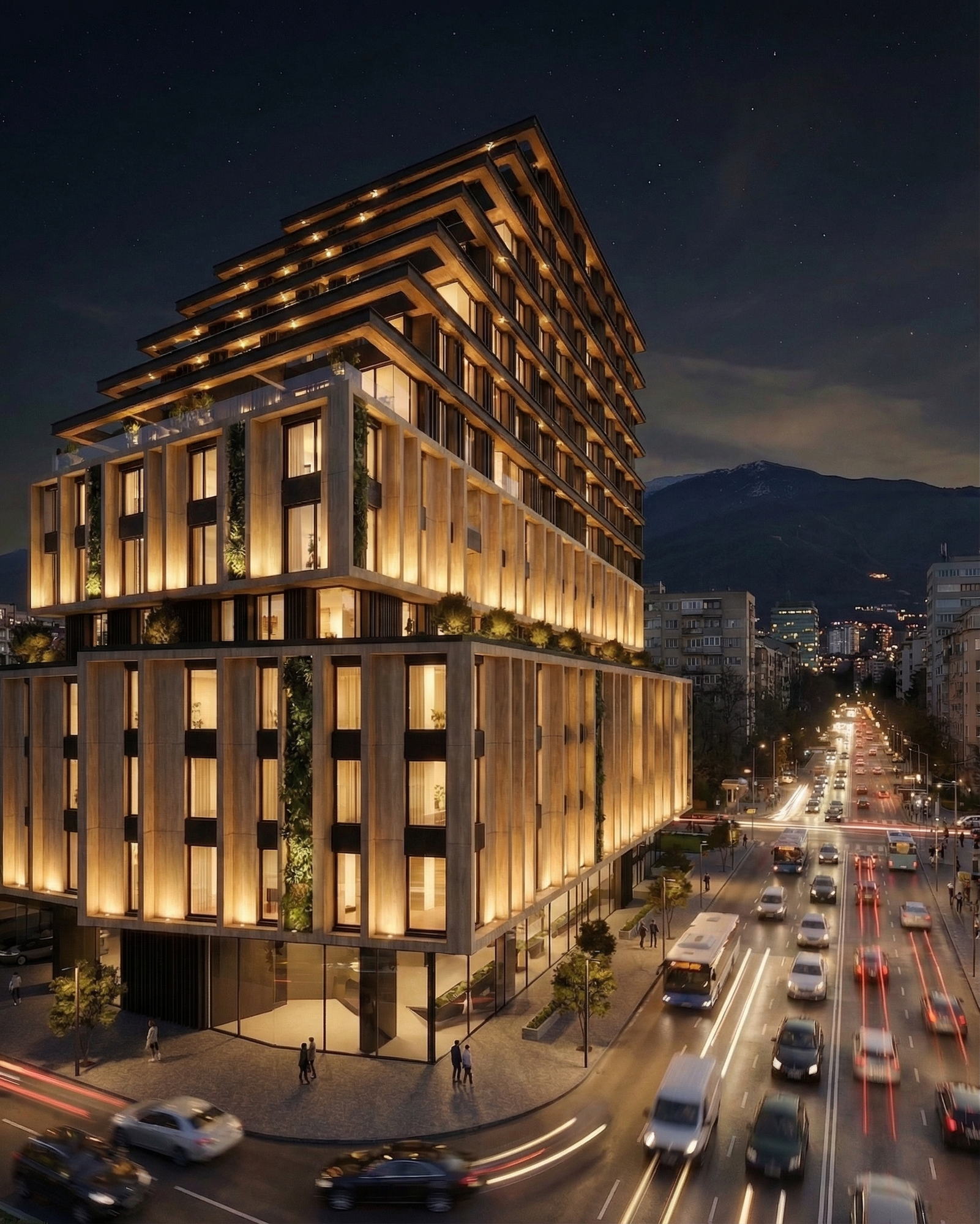 RUH 3 — the lit facade above the traffic