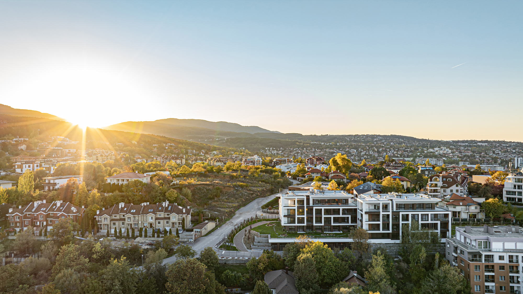 The Royal Residence — aerial view over Boyana at sunset
