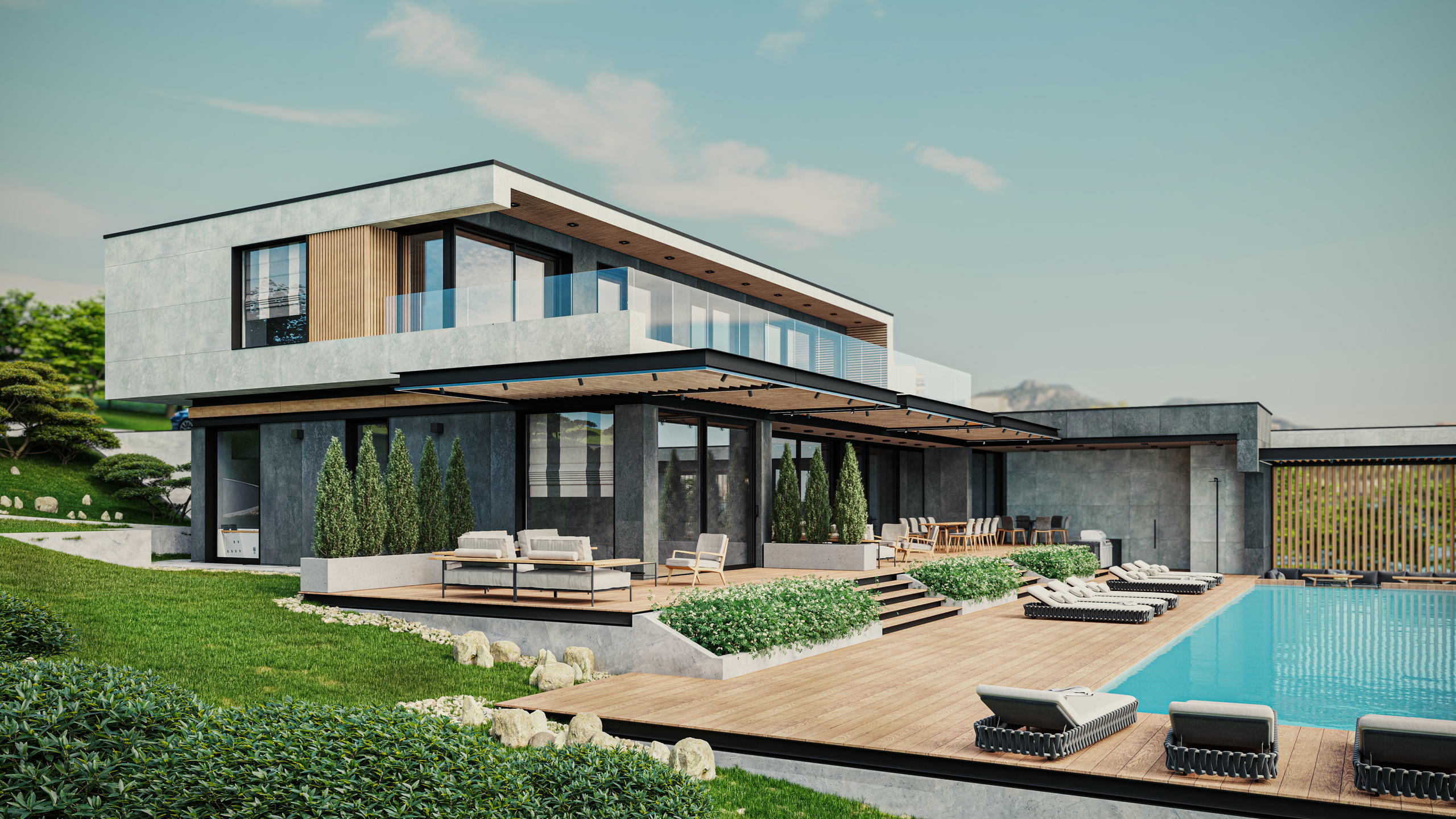 A house drawn to sit low above the shoreline, opening entirely towards the water.