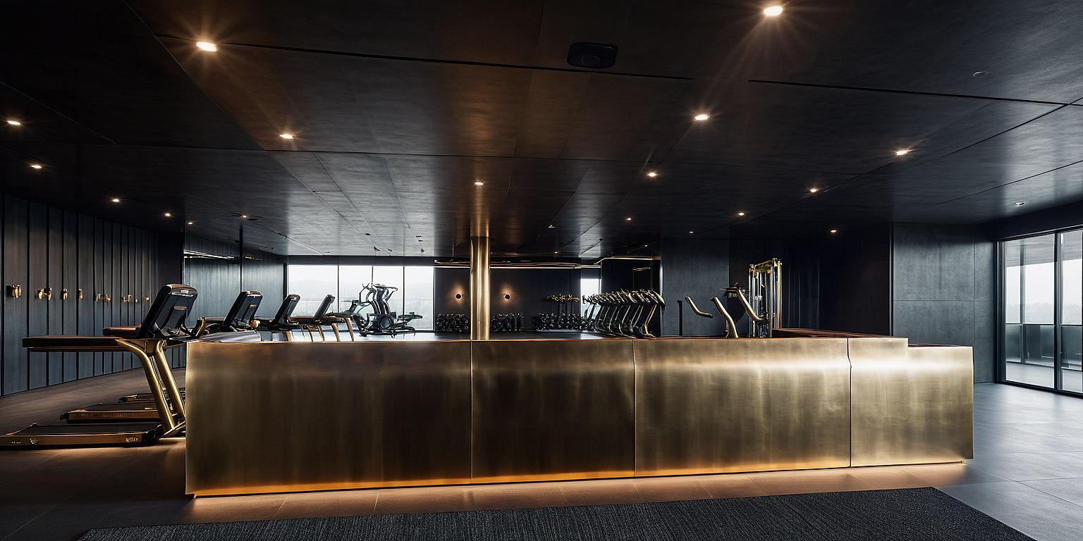 RUh Bulgaria — fitness suite, brass reception counter with the cardio row beyond