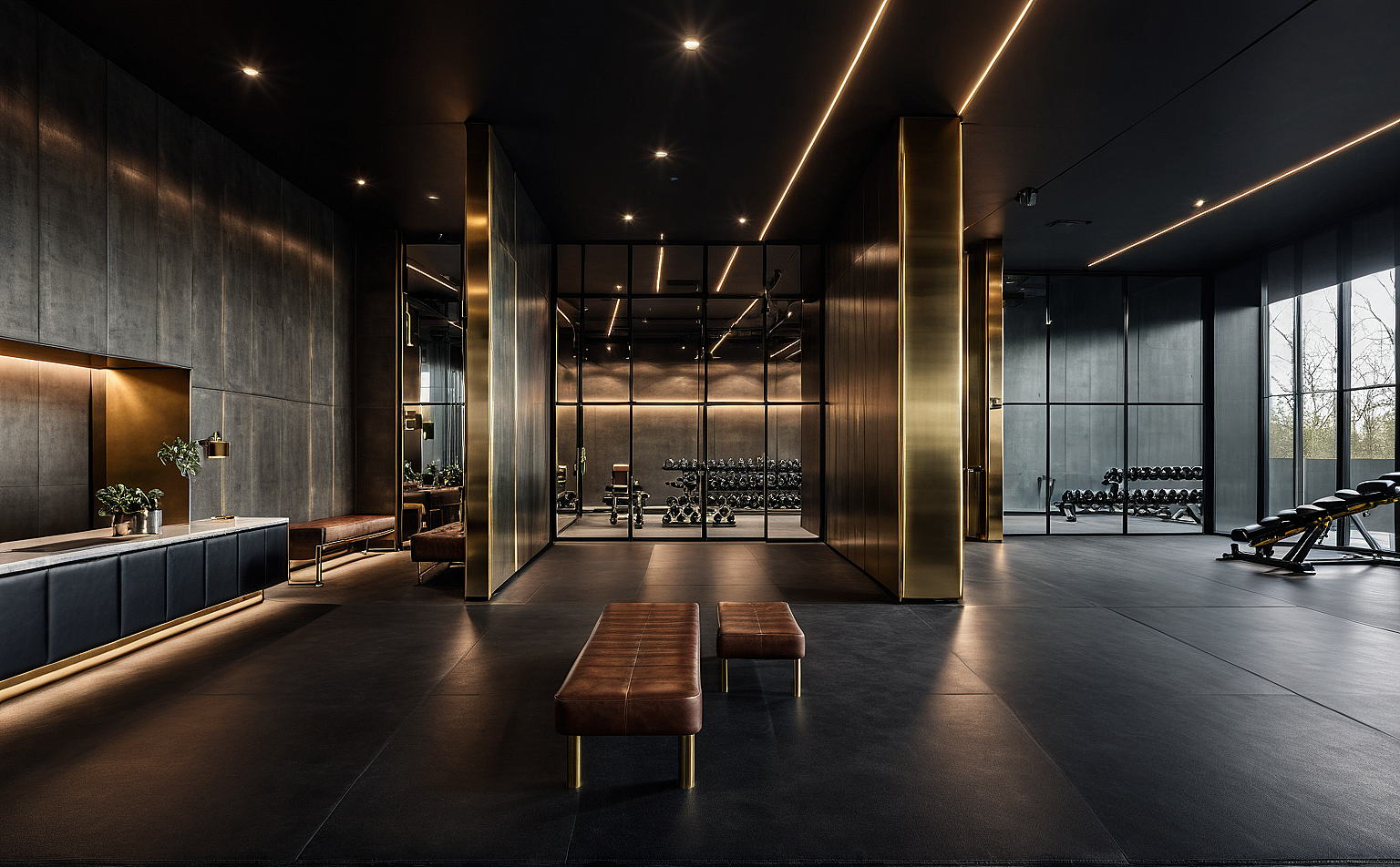 RUh Bulgaria — fitness suite, brass-clad columns and the glazed free-weights room