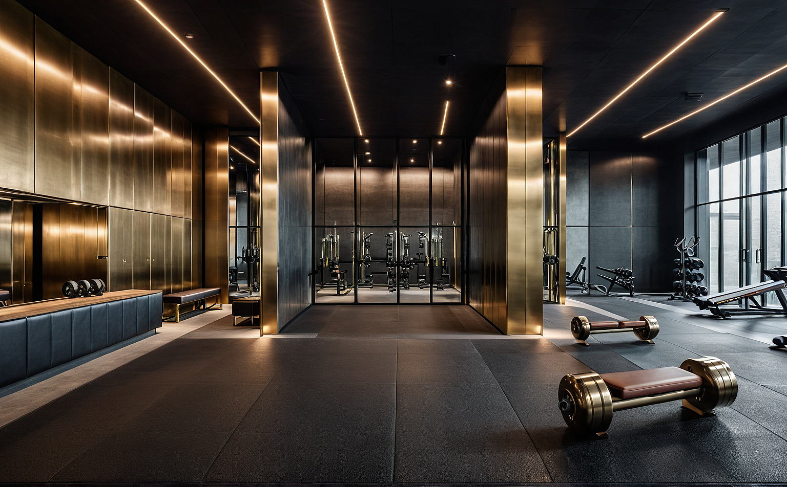 RUh Bulgaria — fitness suite, brass portal into the weights hall